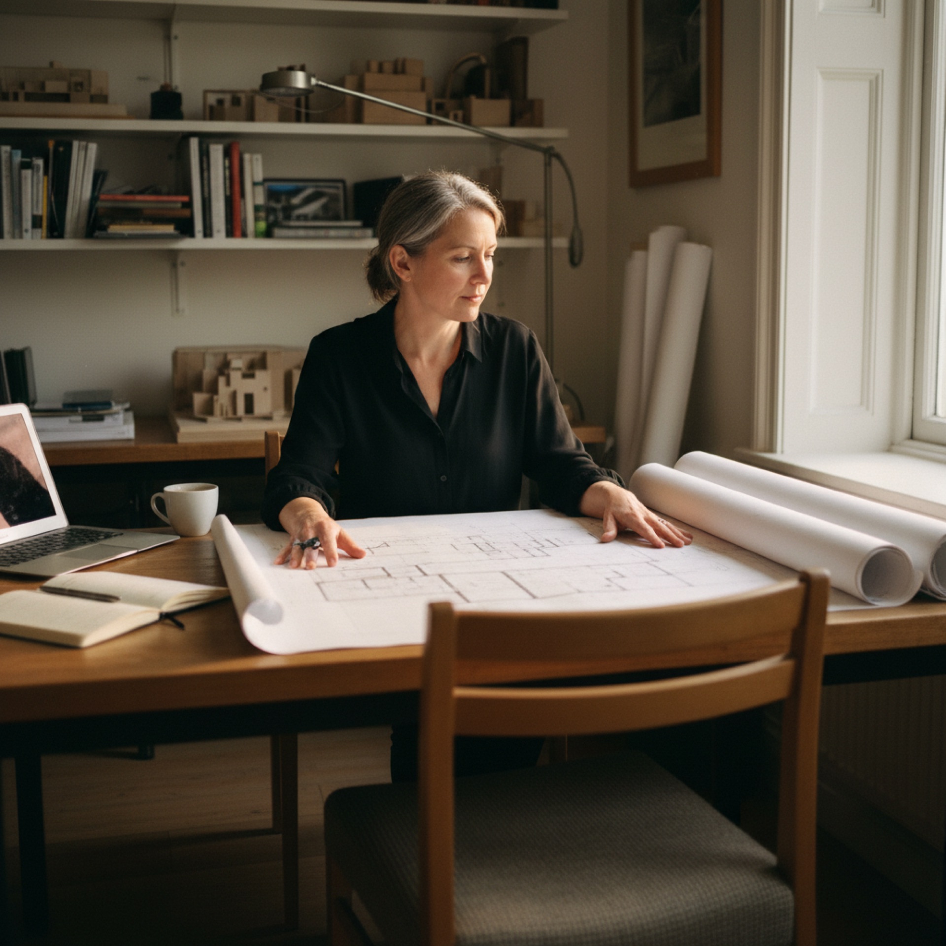 An architect reviews project drawings at a well-lit studio desk with a notebook and laptop.
