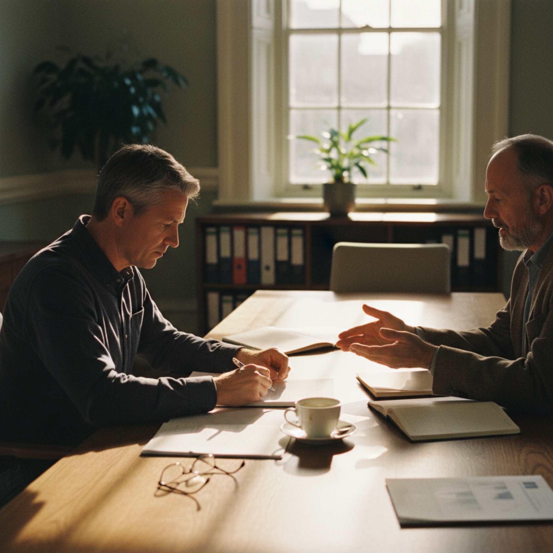Two people reviewing documents across a meeting table in a well-lit office