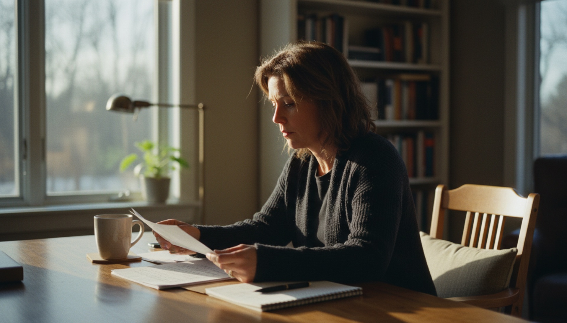 Business owner reviewing a document at a desk with natural morning light