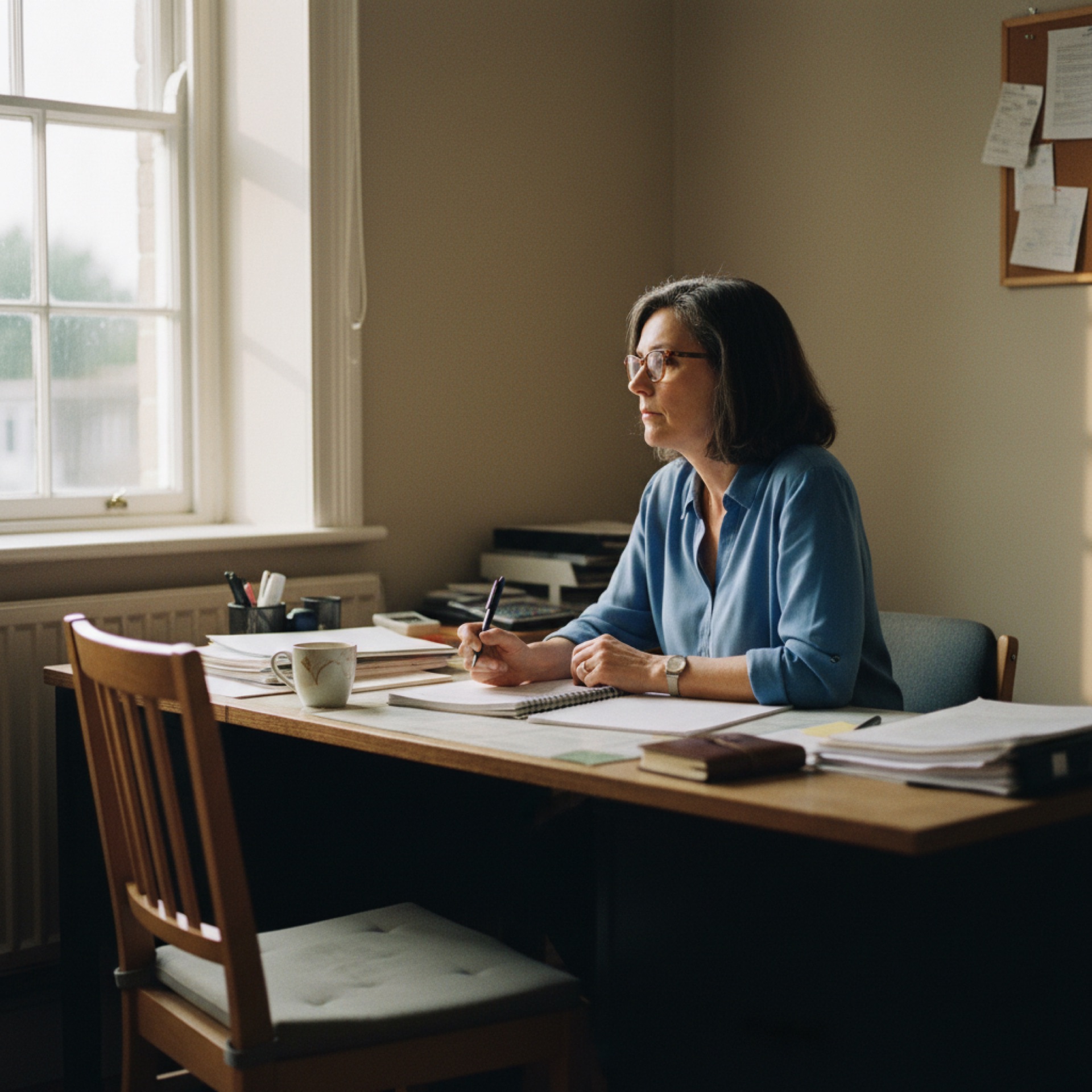 Owner-manager reviewing paperwork at a desk in a small business office with natural light