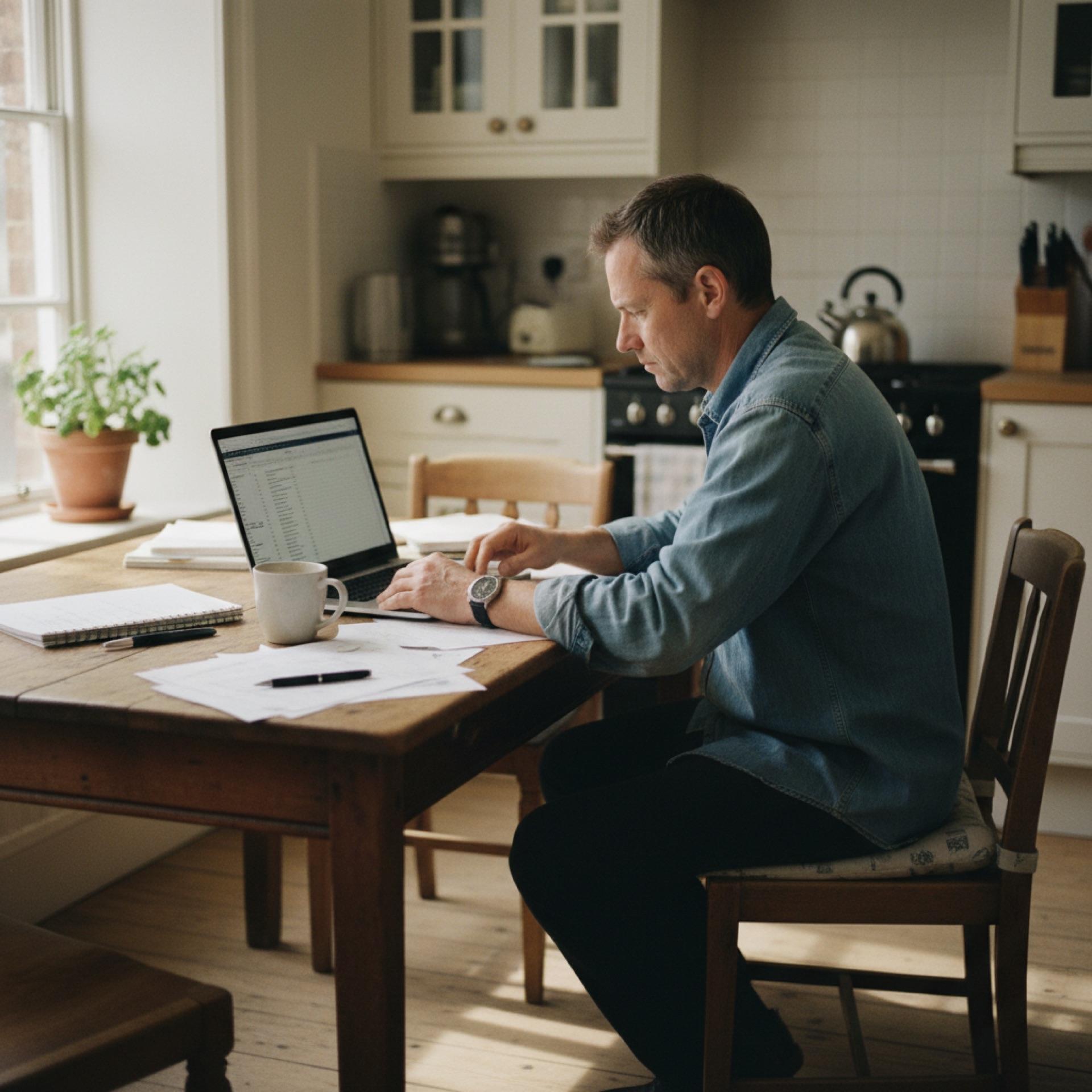 A person in work clothes reviewing paperwork and a laptop at a kitchen table