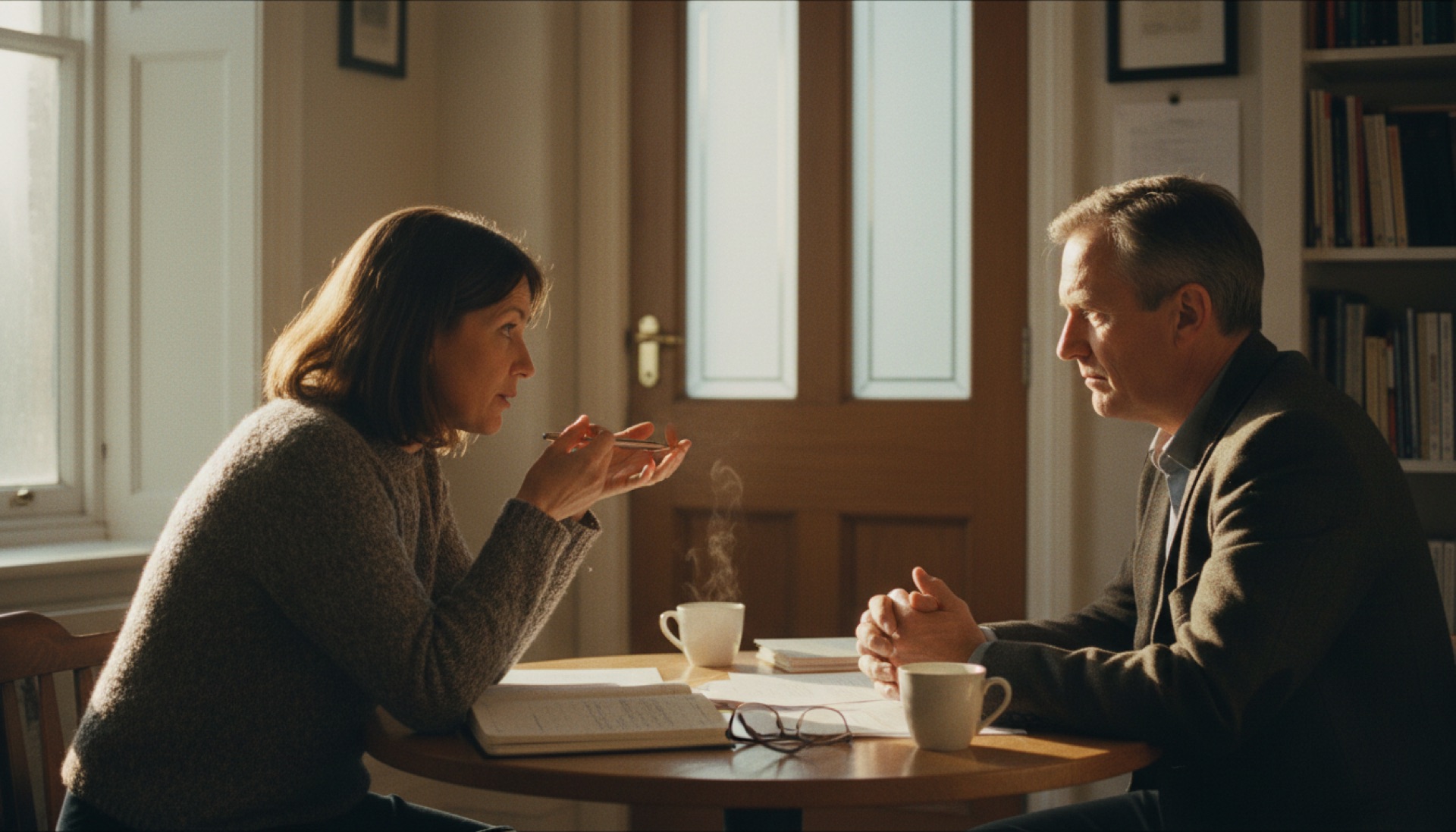 Two people seated at a small table in an office meeting room, one taking notes while the other speaks