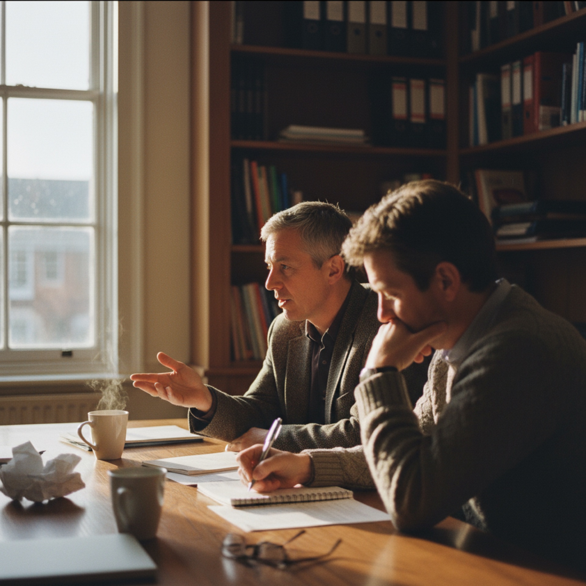 Two people having a focused conversation across a desk in a quiet meeting room