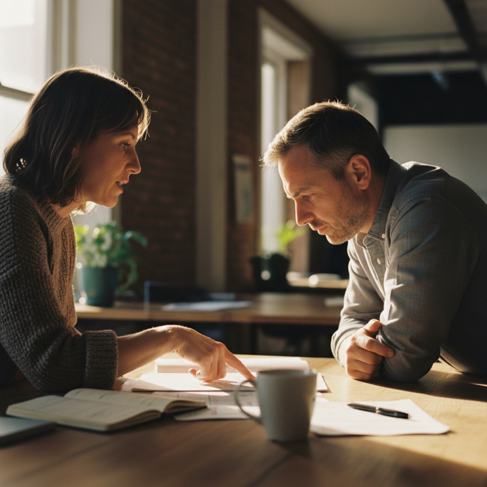 Two people reviewing a document together at a desk in a modern office