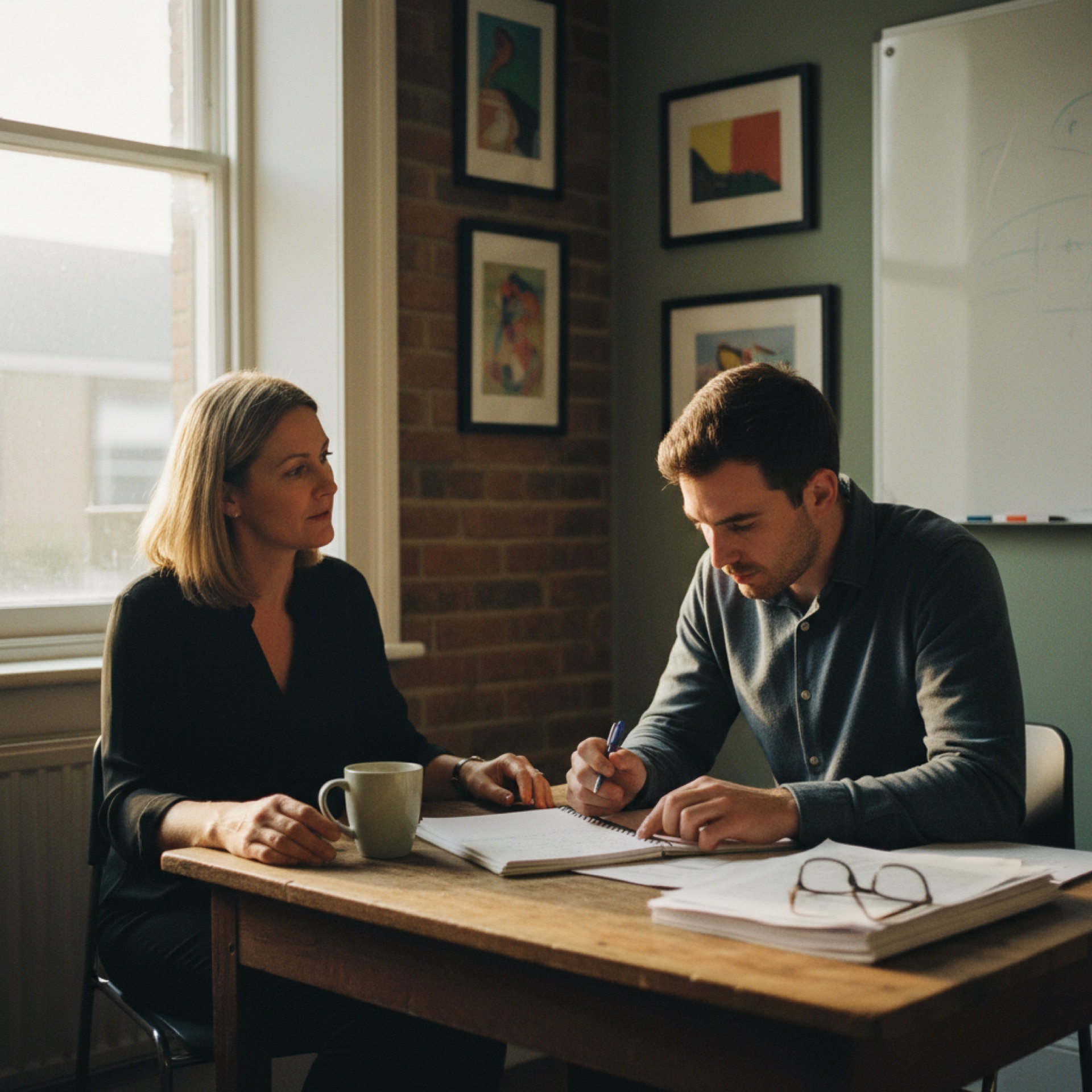 Two people in conversation at a small office meeting table, one reviewing handwritten notes