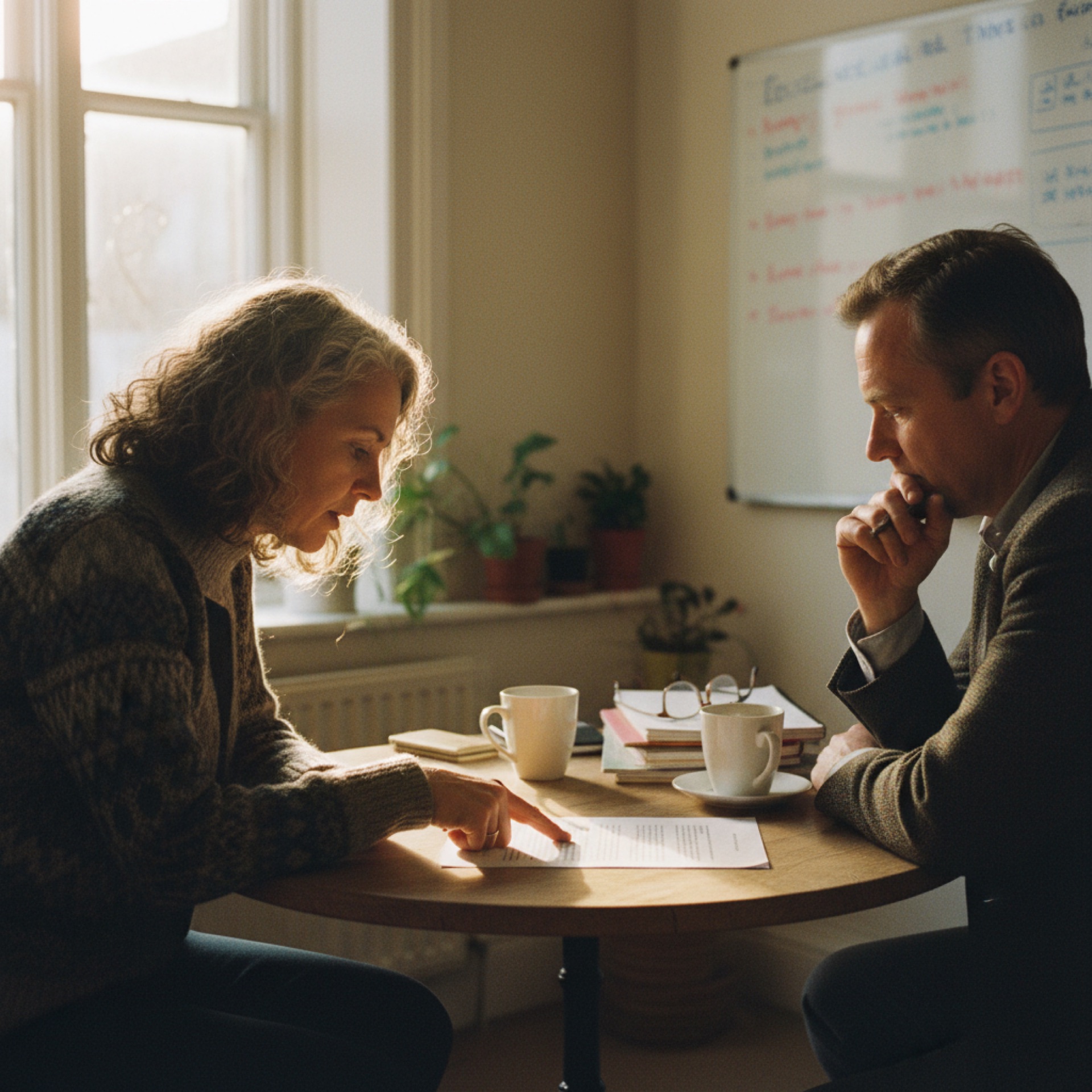 Two colleagues reviewing a printed document together at an office table