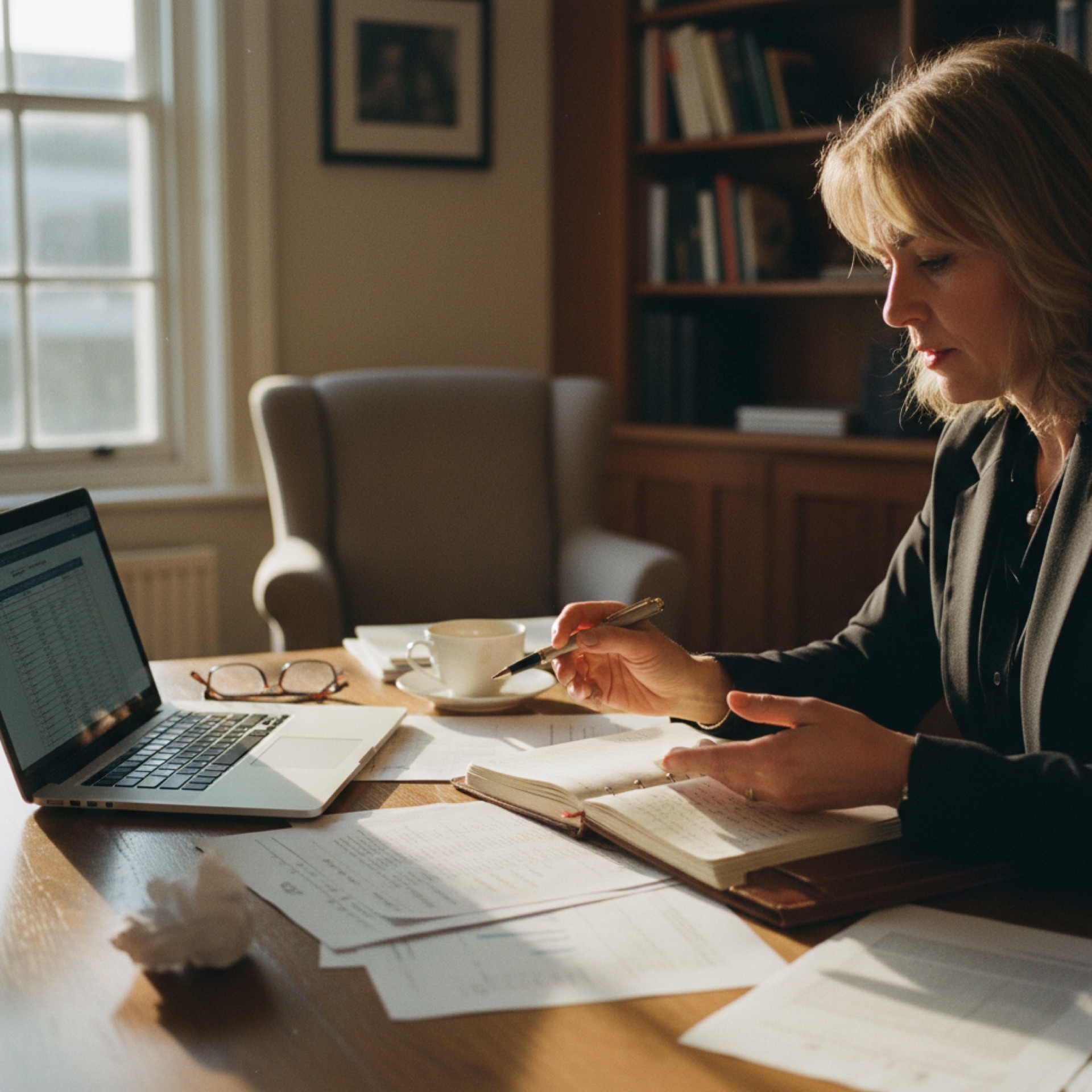 A business owner seated at a desk reviewing printed documents next to an open laptop in a naturally lit office