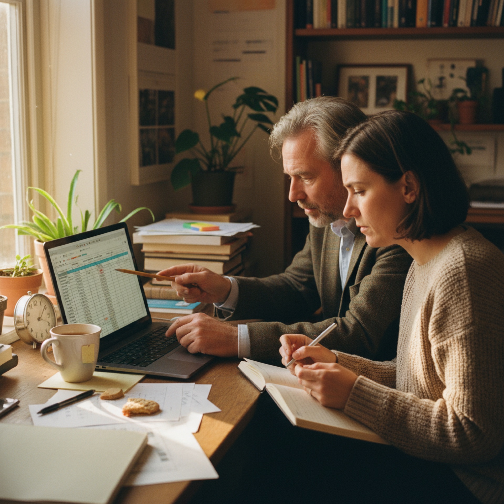 Two colleagues reviewing data together on a laptop at an office desk