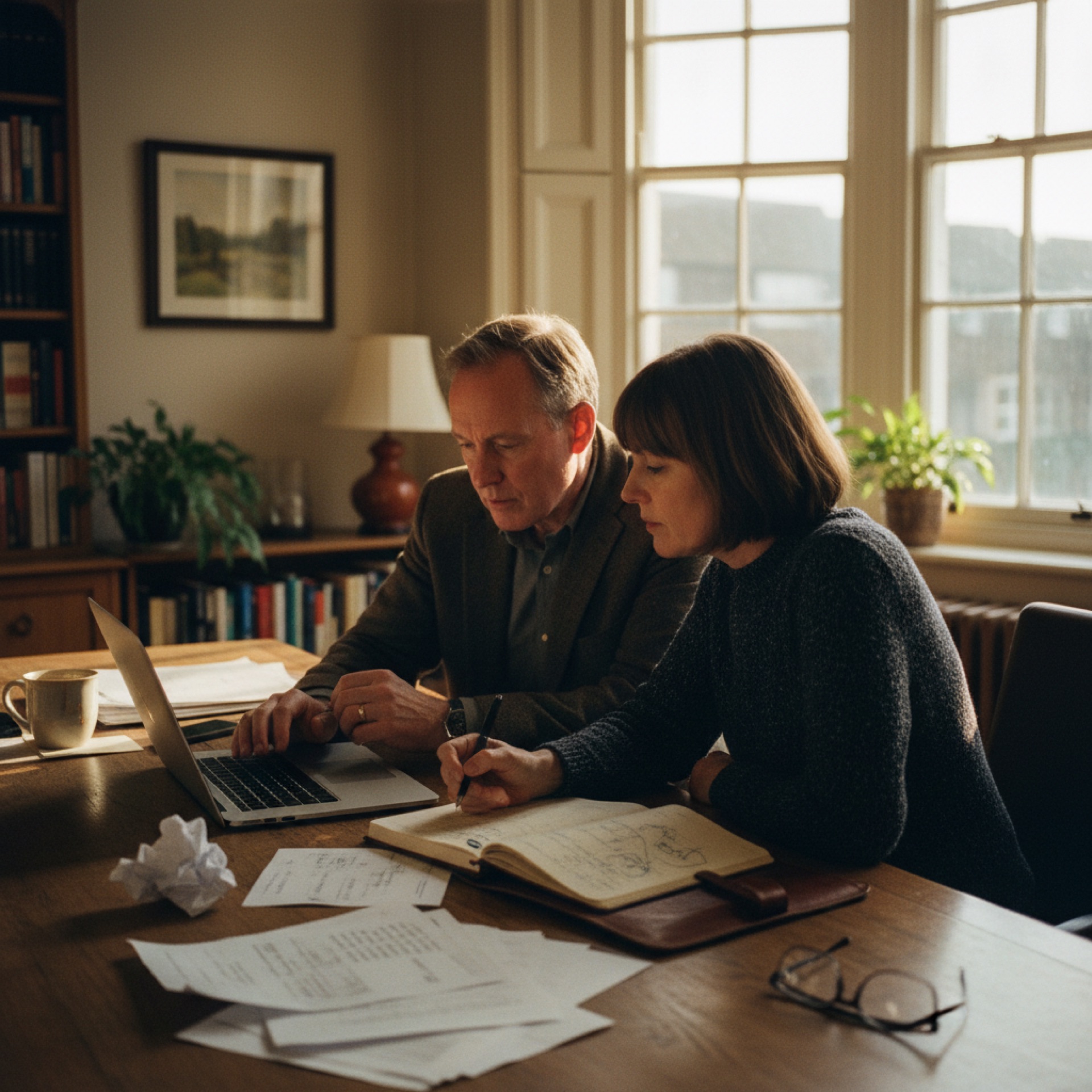 Two people at a desk looking at a shared laptop screen in discussion