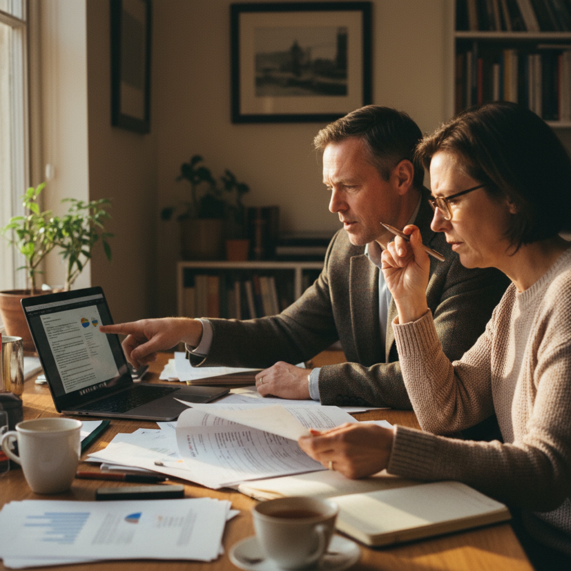 Two people at an office desk, one pointing at a laptop screen while the other reviews a document