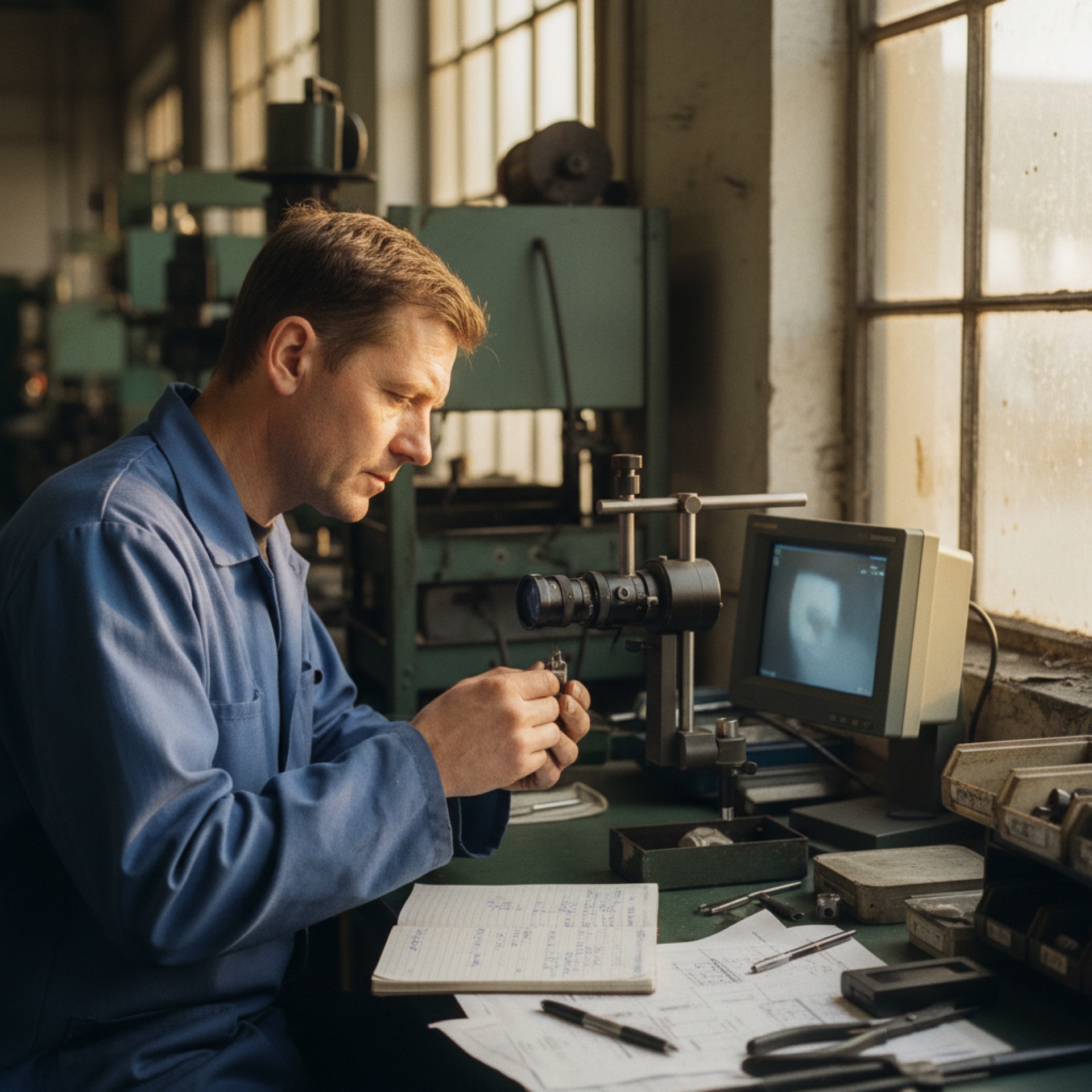 A worker in a factory inspecting components at a workstation near a mounted camera on a production line