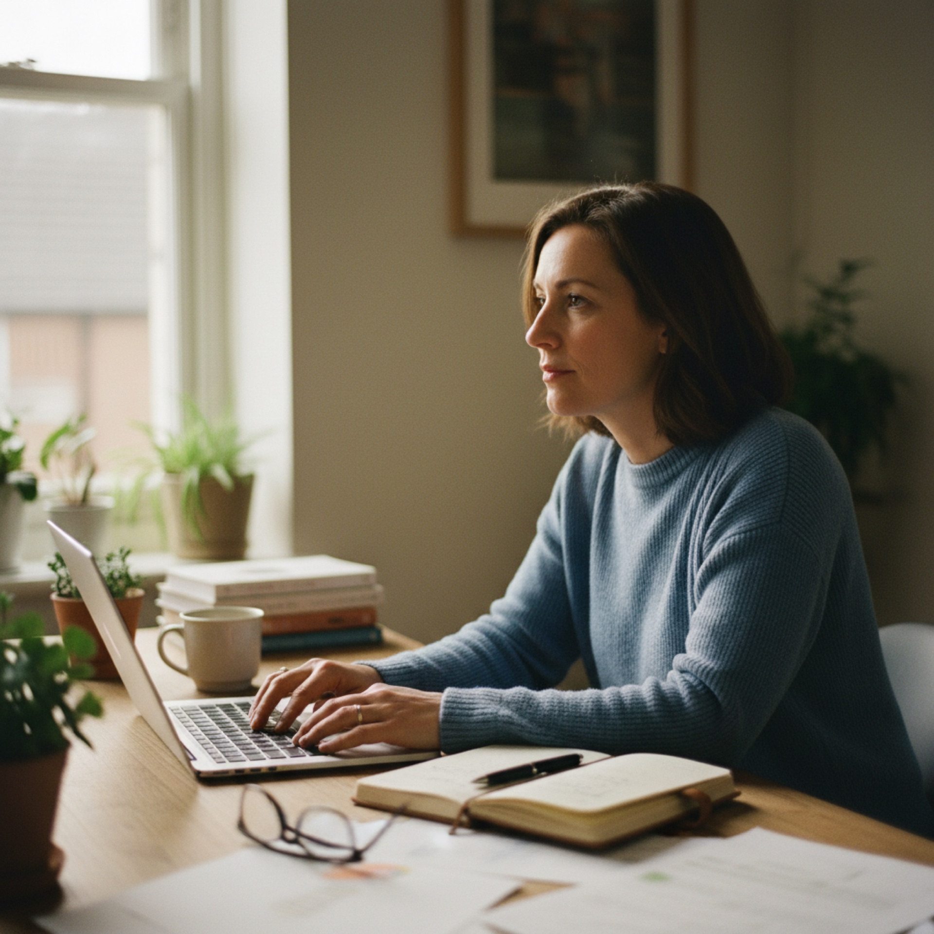 Business owner pausing at a desk with a laptop and notebook, deciding how to approach a task