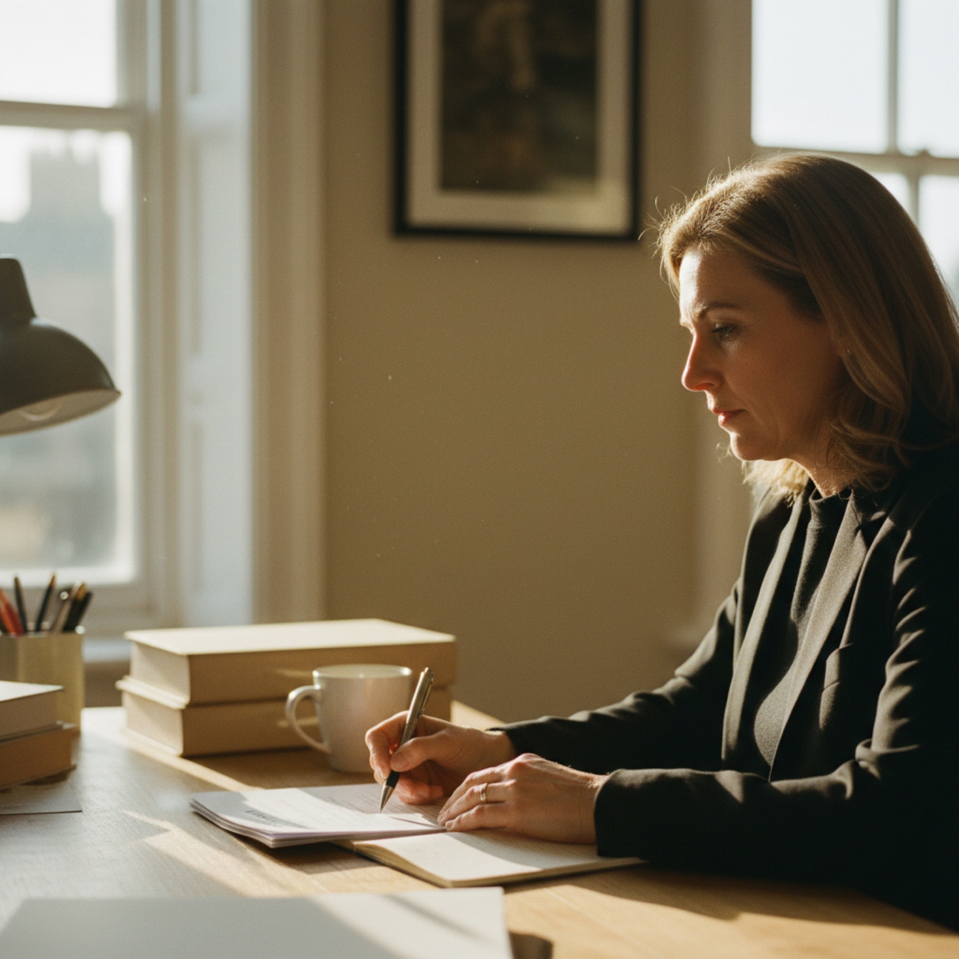 A person sitting at a desk reviewing printed documents with a pen in hand