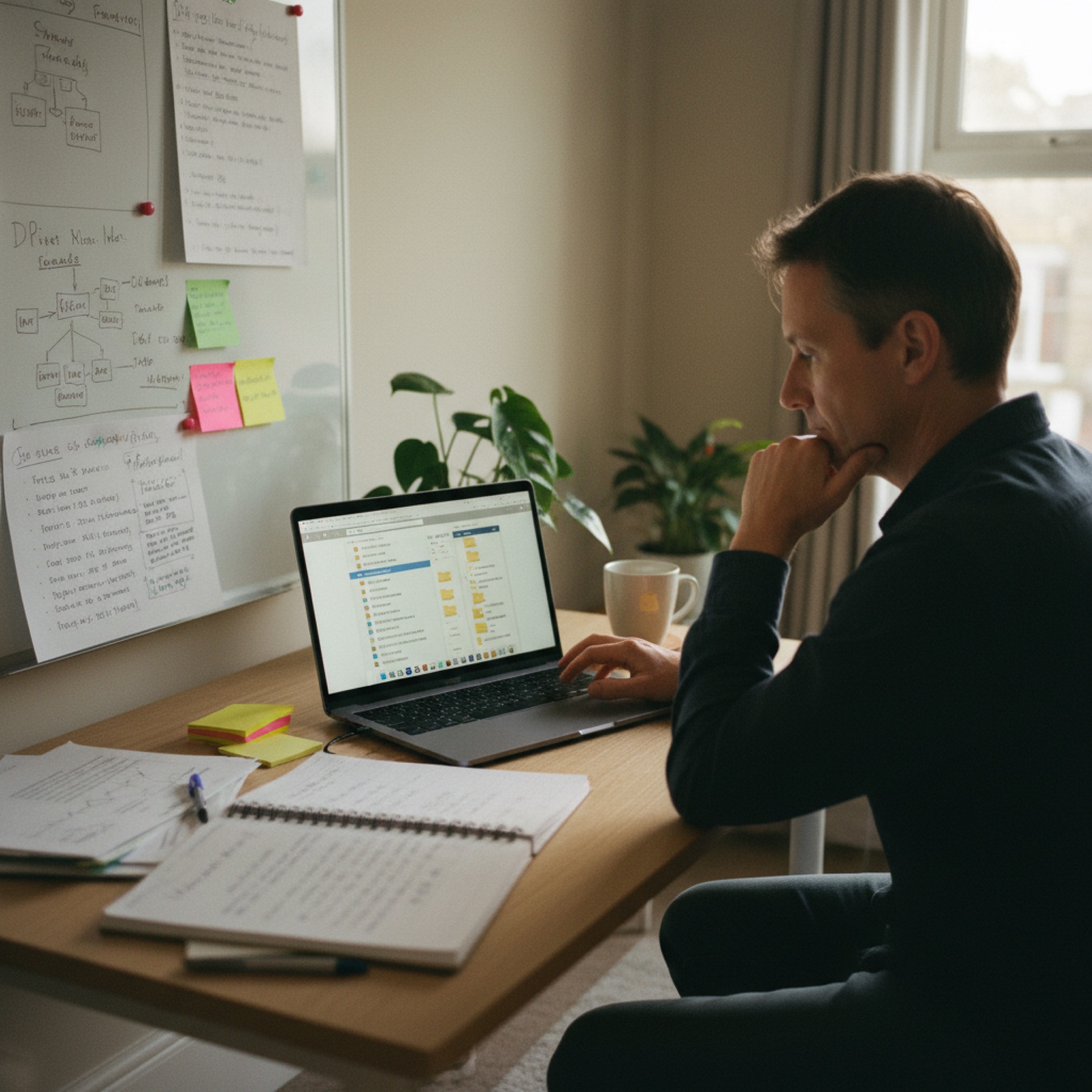 A person at a laptop in a small office, reviewing a folder structure on screen