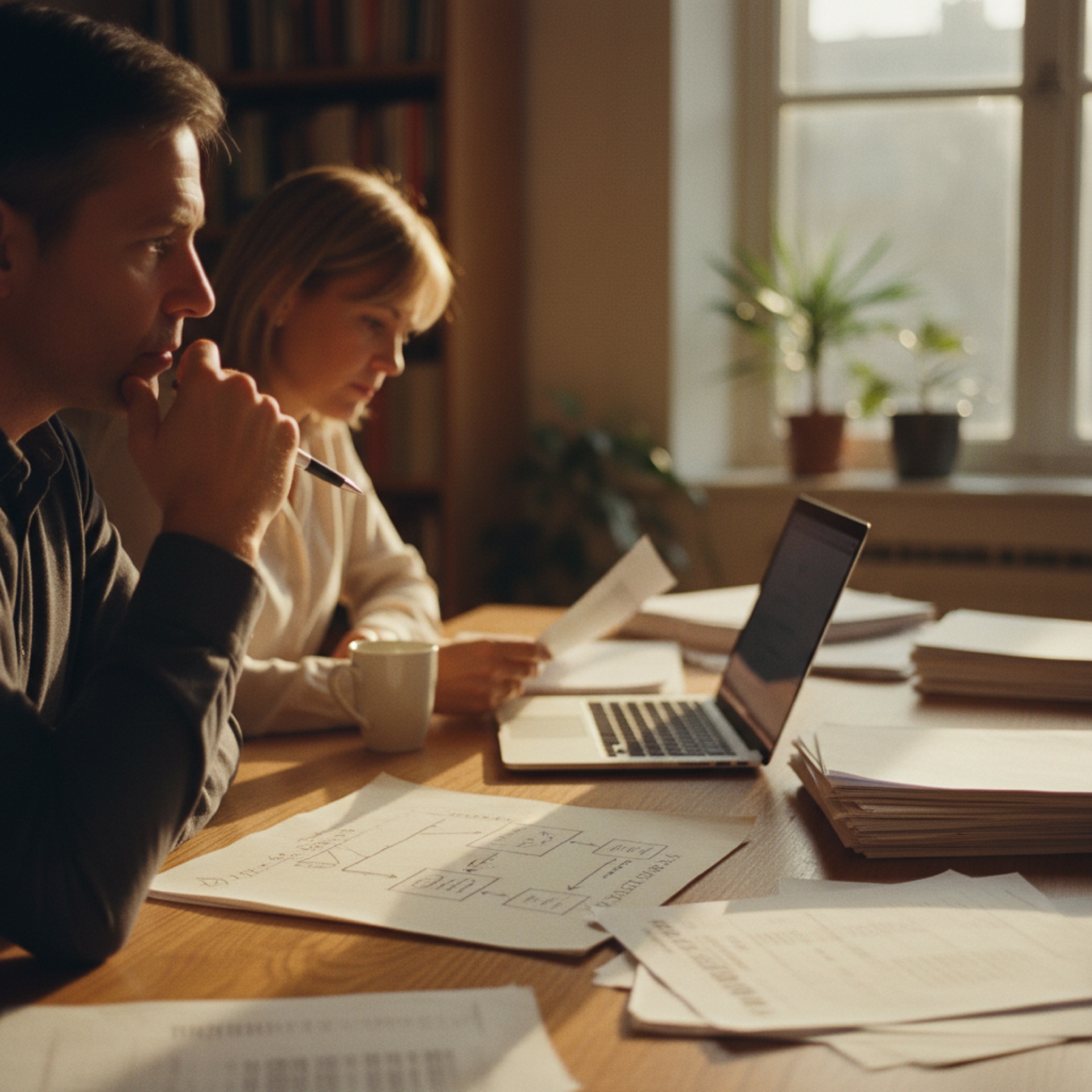 Two people reviewing supplier contracts at a meeting table