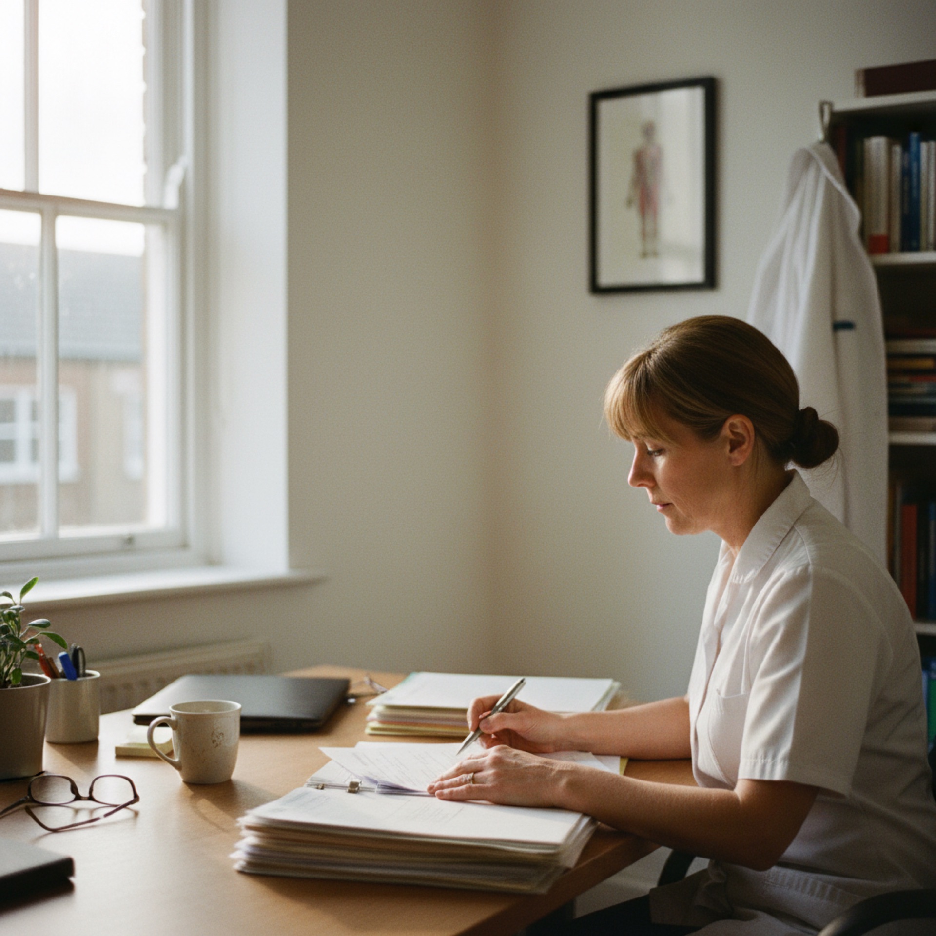 A healthcare professional reviewing patient notes at a desk in a small clinical office