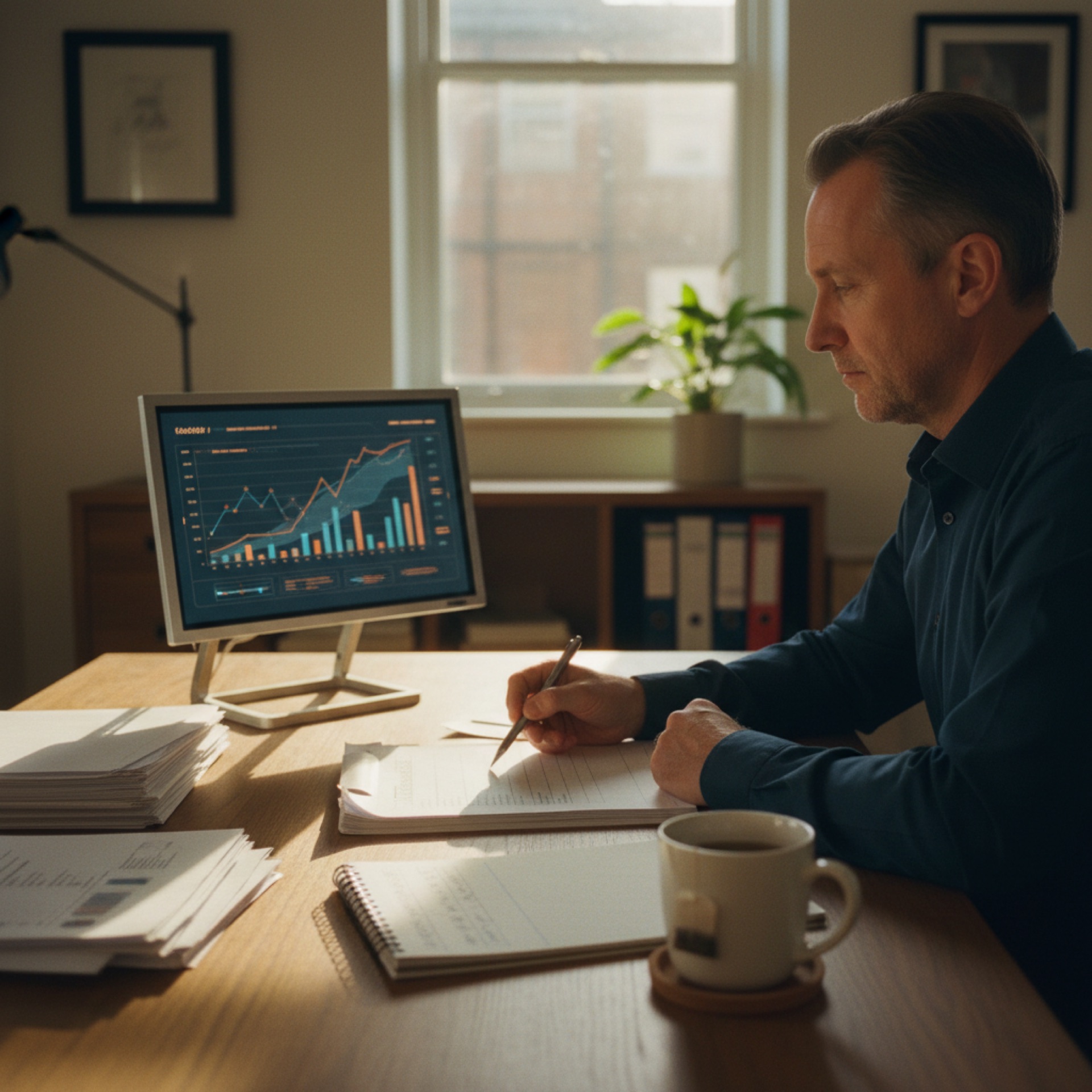 Person at a desk reviewing documents and a screen showing supplier data