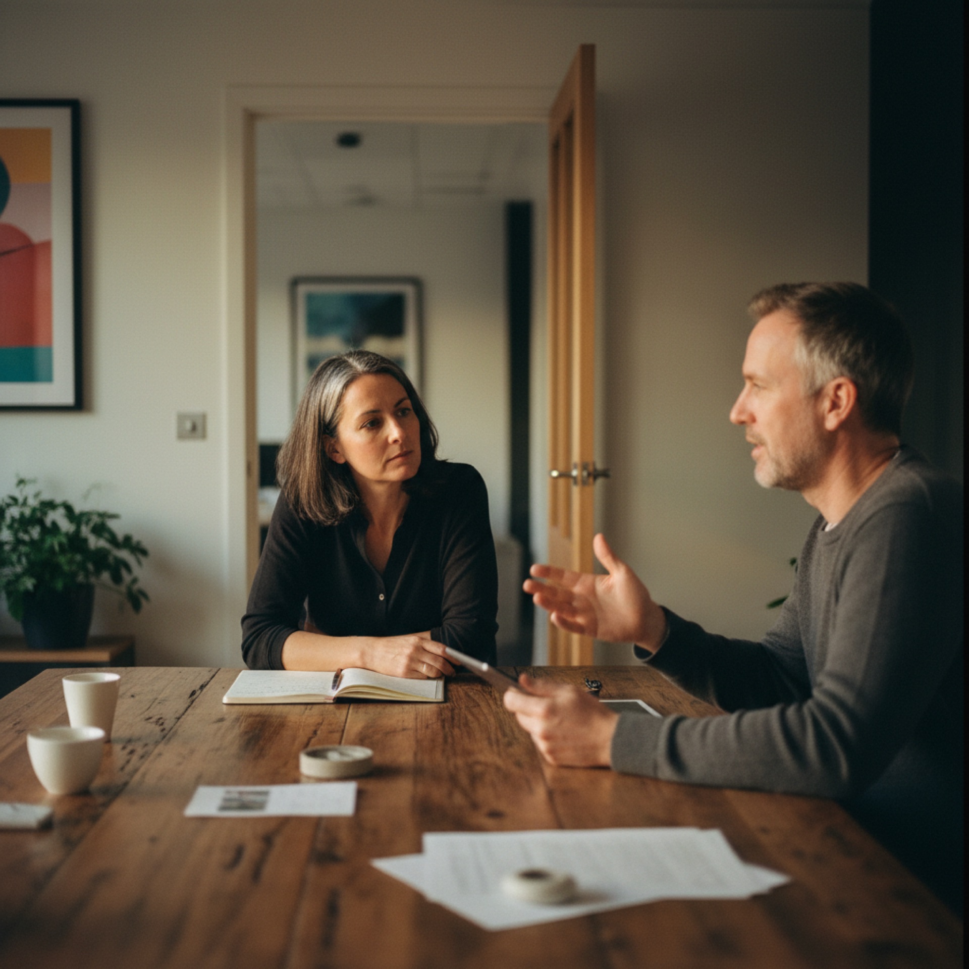 Founder sitting at a meeting table listening to a team member present, with other colleagues visible around the table
