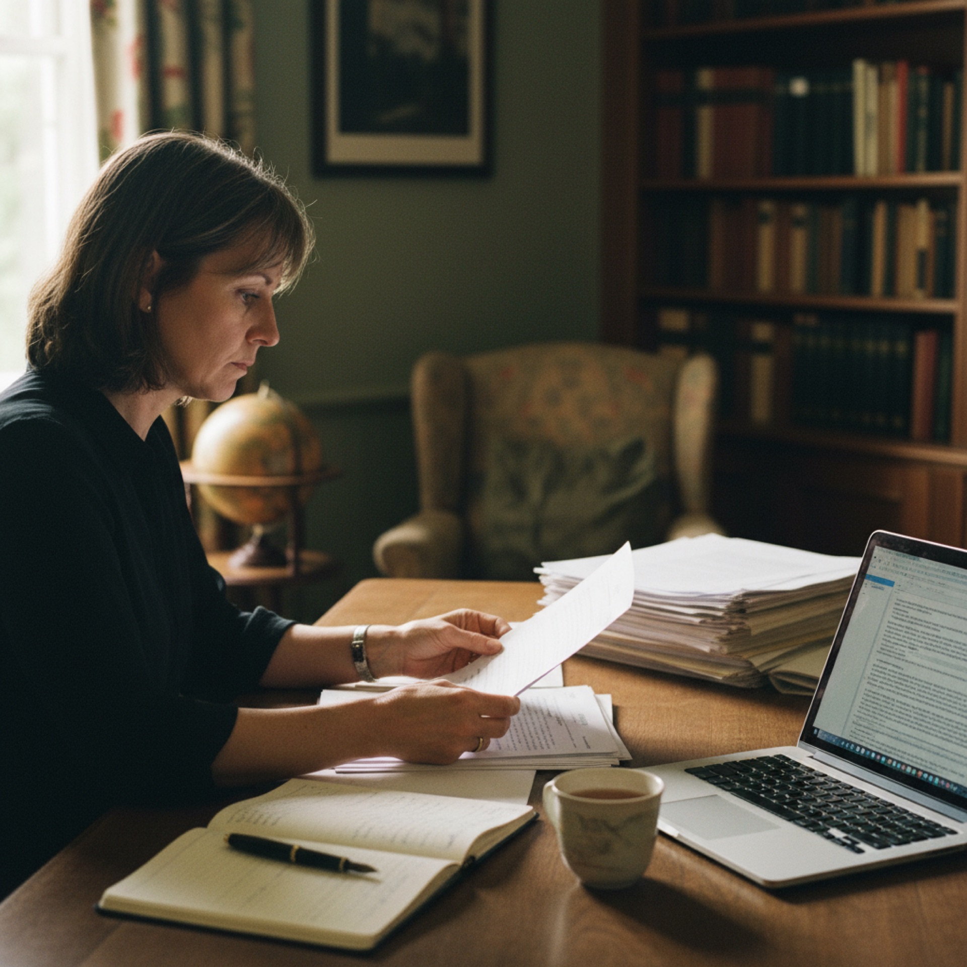 Person reviewing documents on a desk with a laptop open nearby