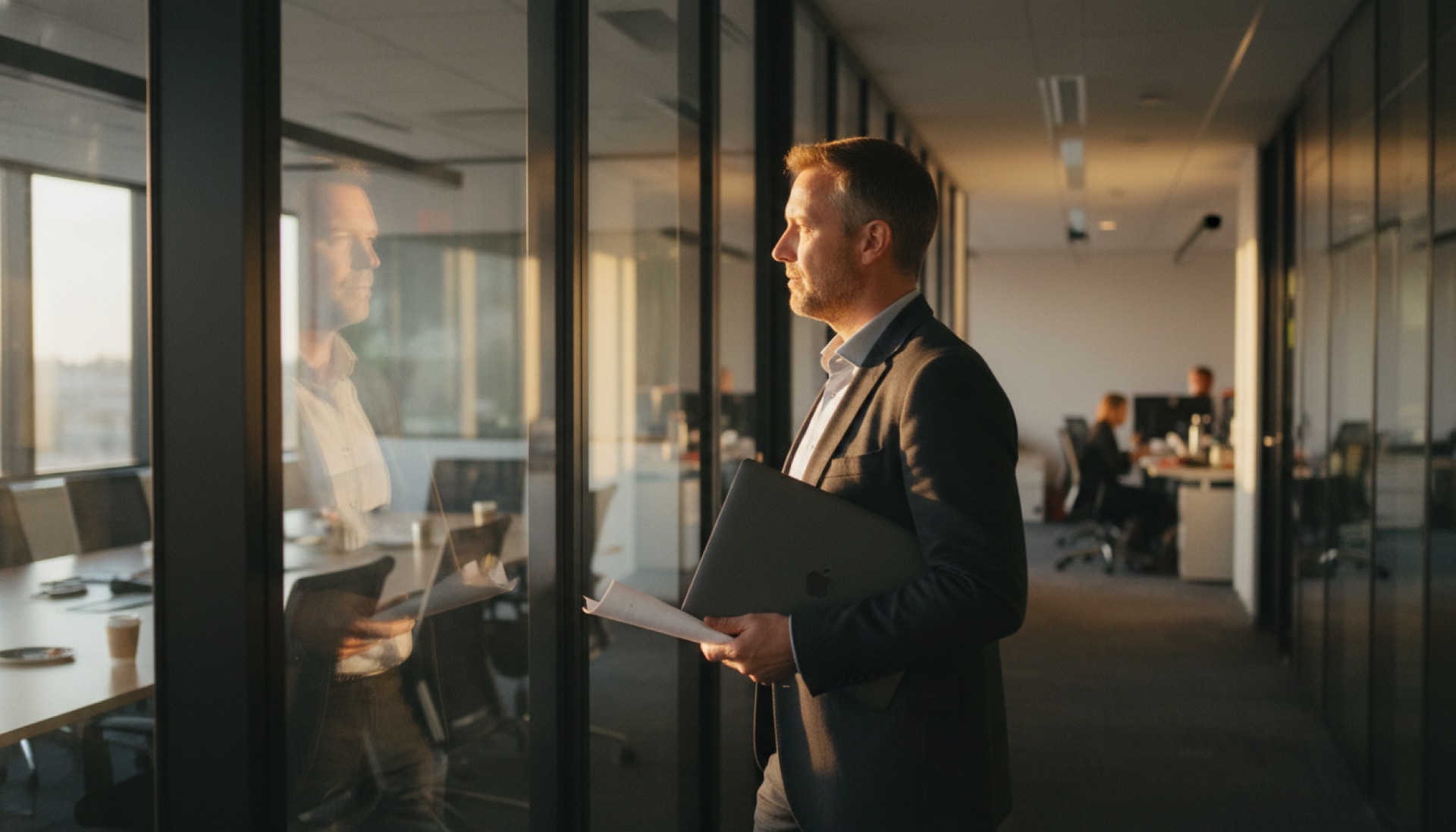 A man standing at an office window holding a laptop and a single sheet of paper just after a meeting, looking out thoughtfully