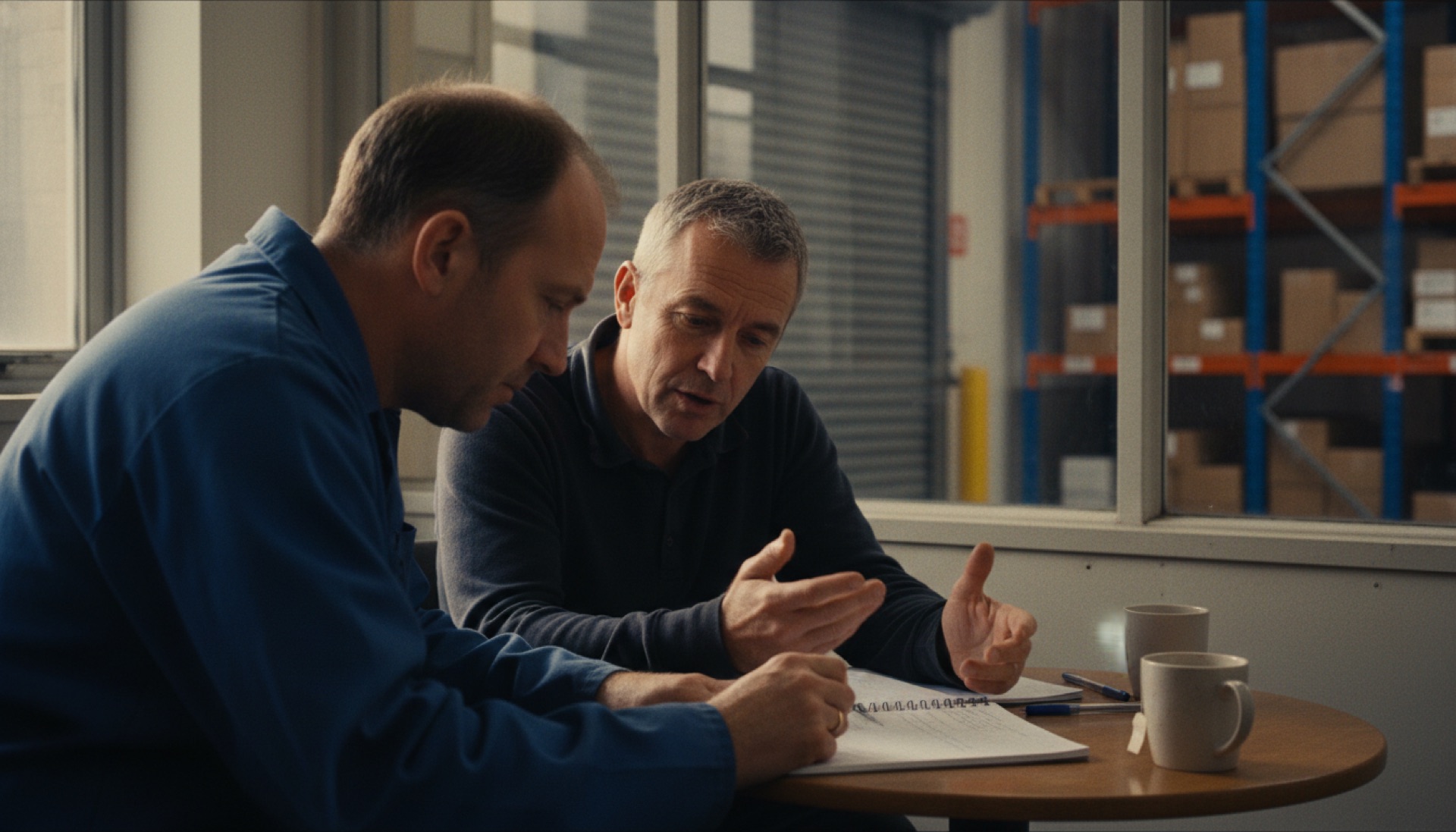 Two colleagues talking across a small table in an operations office, a notebook open between them, one listening intently
