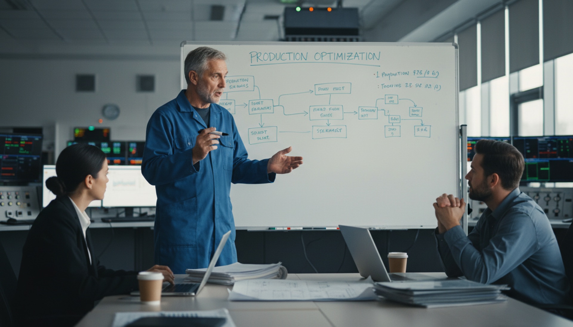 Three colleagues working through a plan at a whiteboard in a daylit meeting room