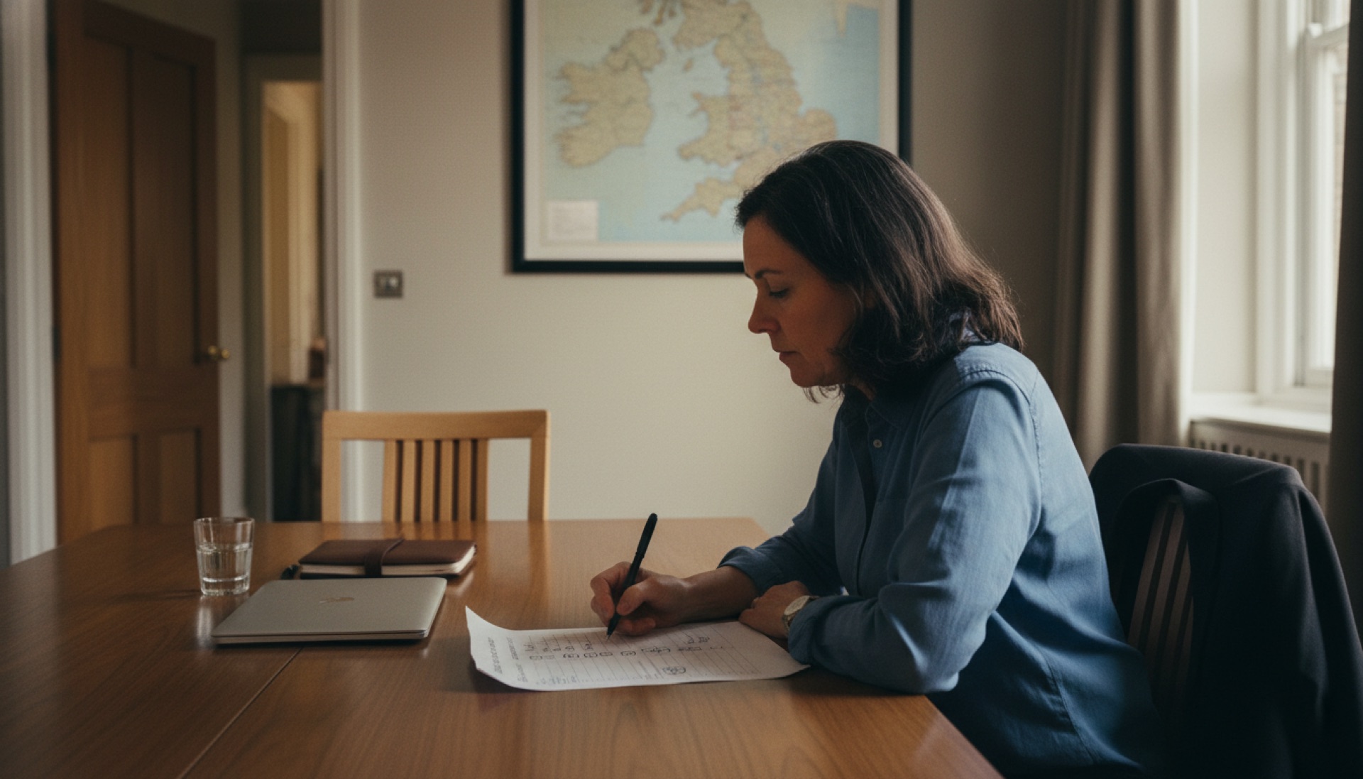 A person at a meeting-room table reviewing a single printed page of ranked items with a pen in hand