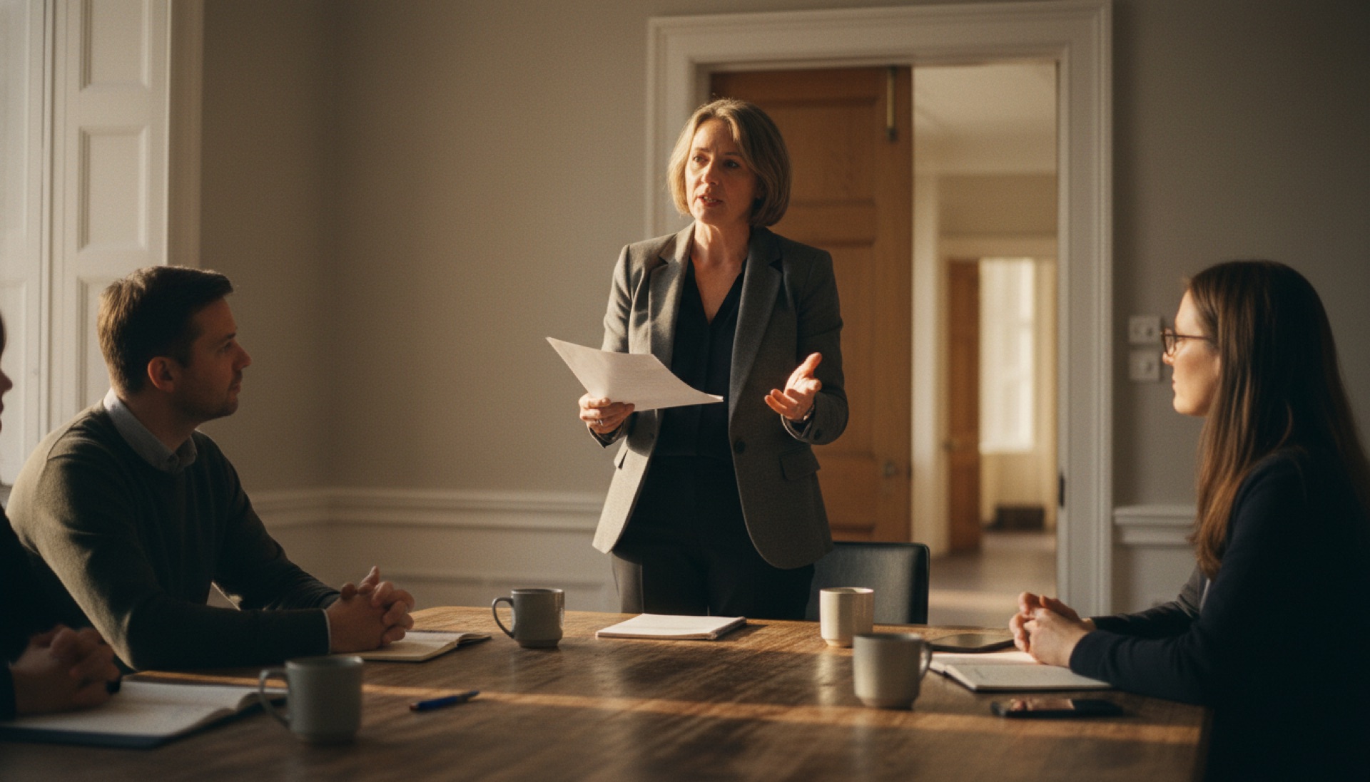 A person standing at the end of a meeting-room table holding a single printed page while colleagues sit and listen