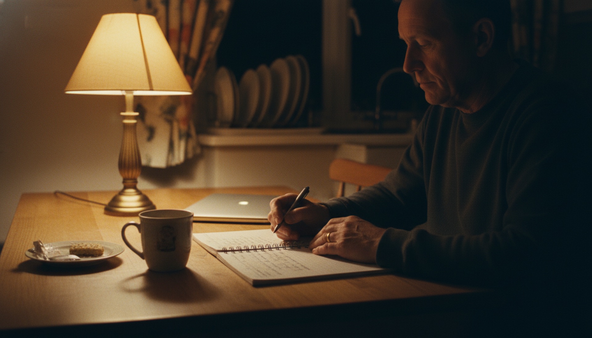 A person sitting alone at a kitchen table in the evening with a notebook and a mug, lit by a single lamp