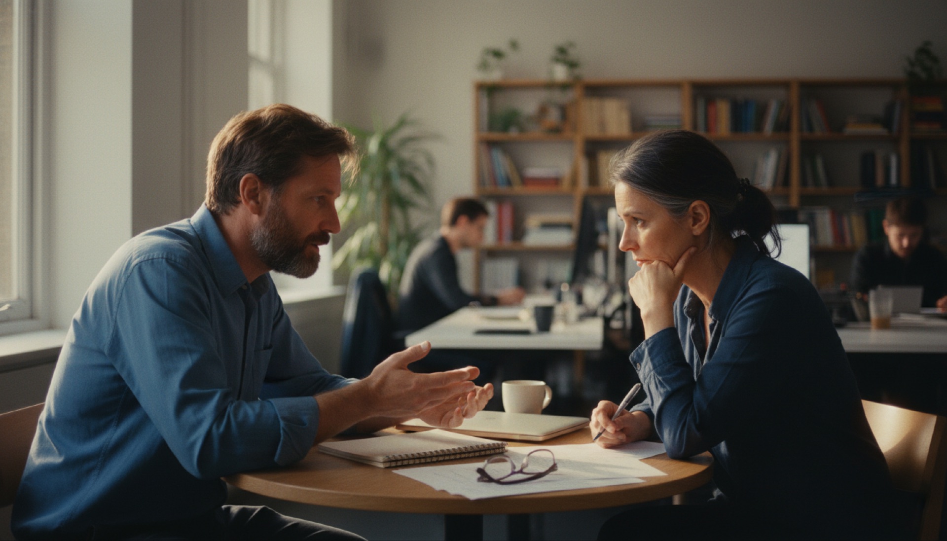 A founder and a senior colleague leaning over a shared open notebook at a small table in an office, talking