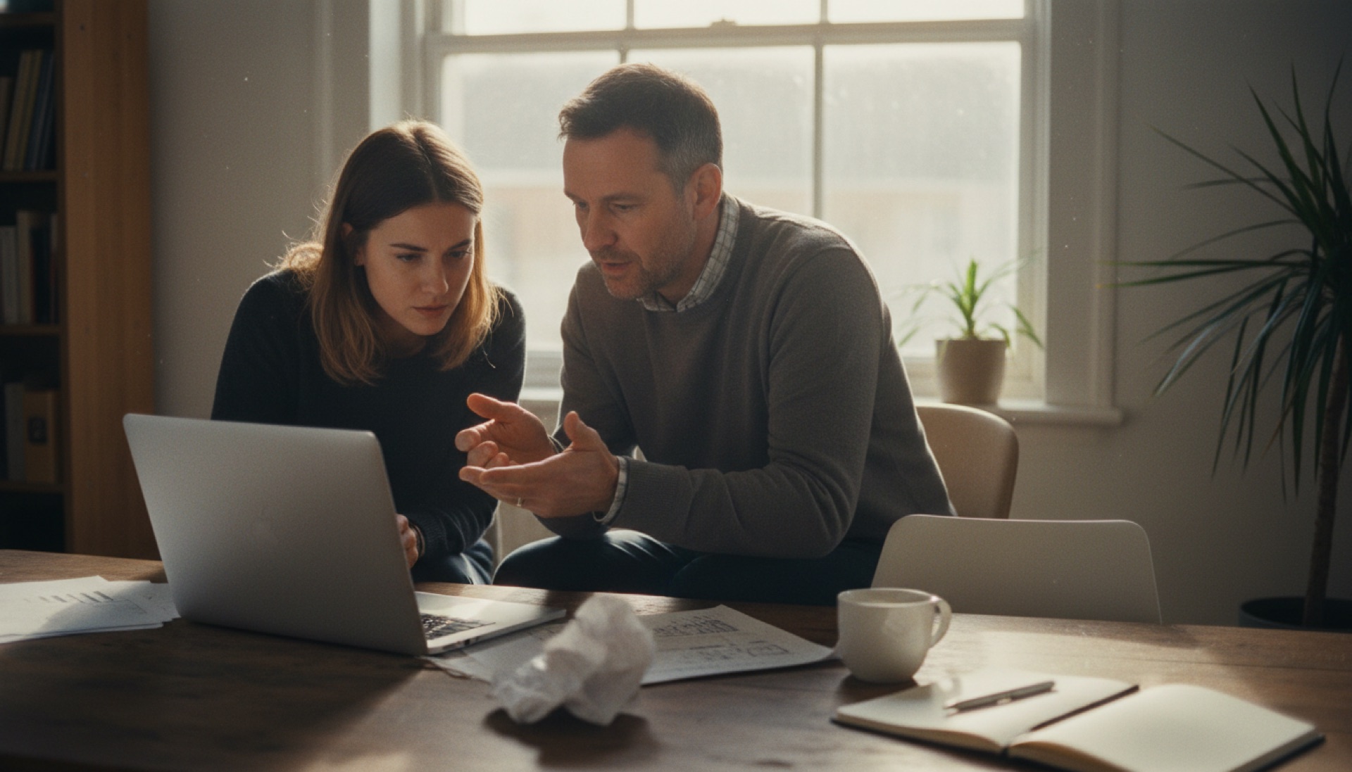 A founder at a desk turning a laptop towards a younger colleague and explaining how a tool works, both leaning in, with a printed page of notes beside the laptop