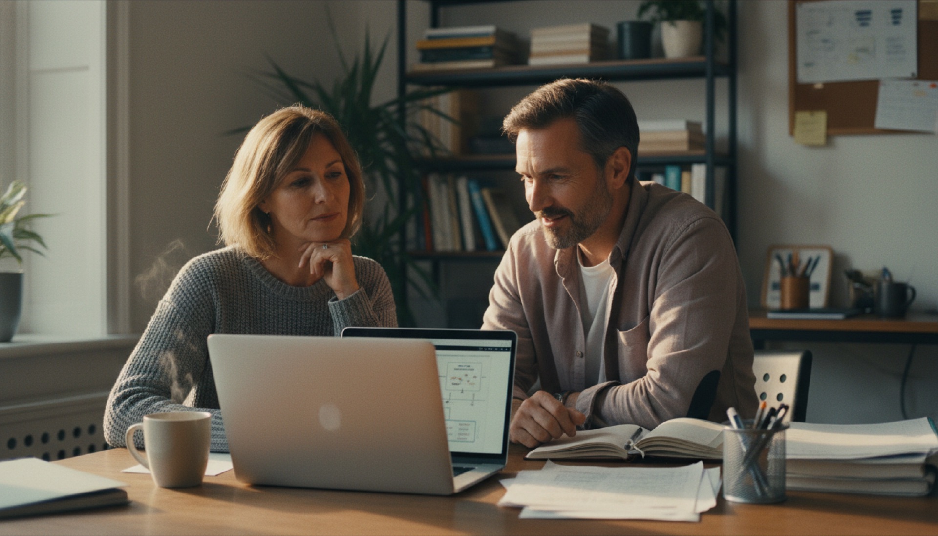 A senior colleague turning a laptop towards a founder at a desk to show them something, both leaning in