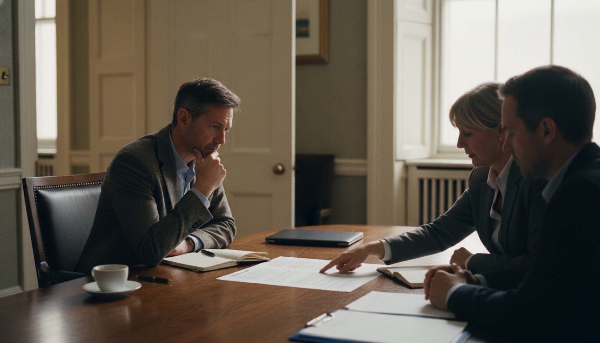 A founder sitting across a table from two advisers, one pointing at a printed document, papers and a closed laptop on the table in a bright meeting room