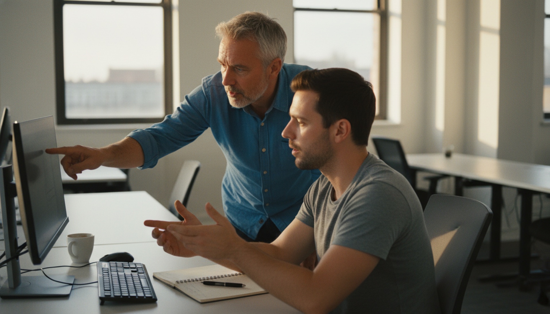 A founder standing beside a younger colleague at a desk, both looking at a single computer screen in an office