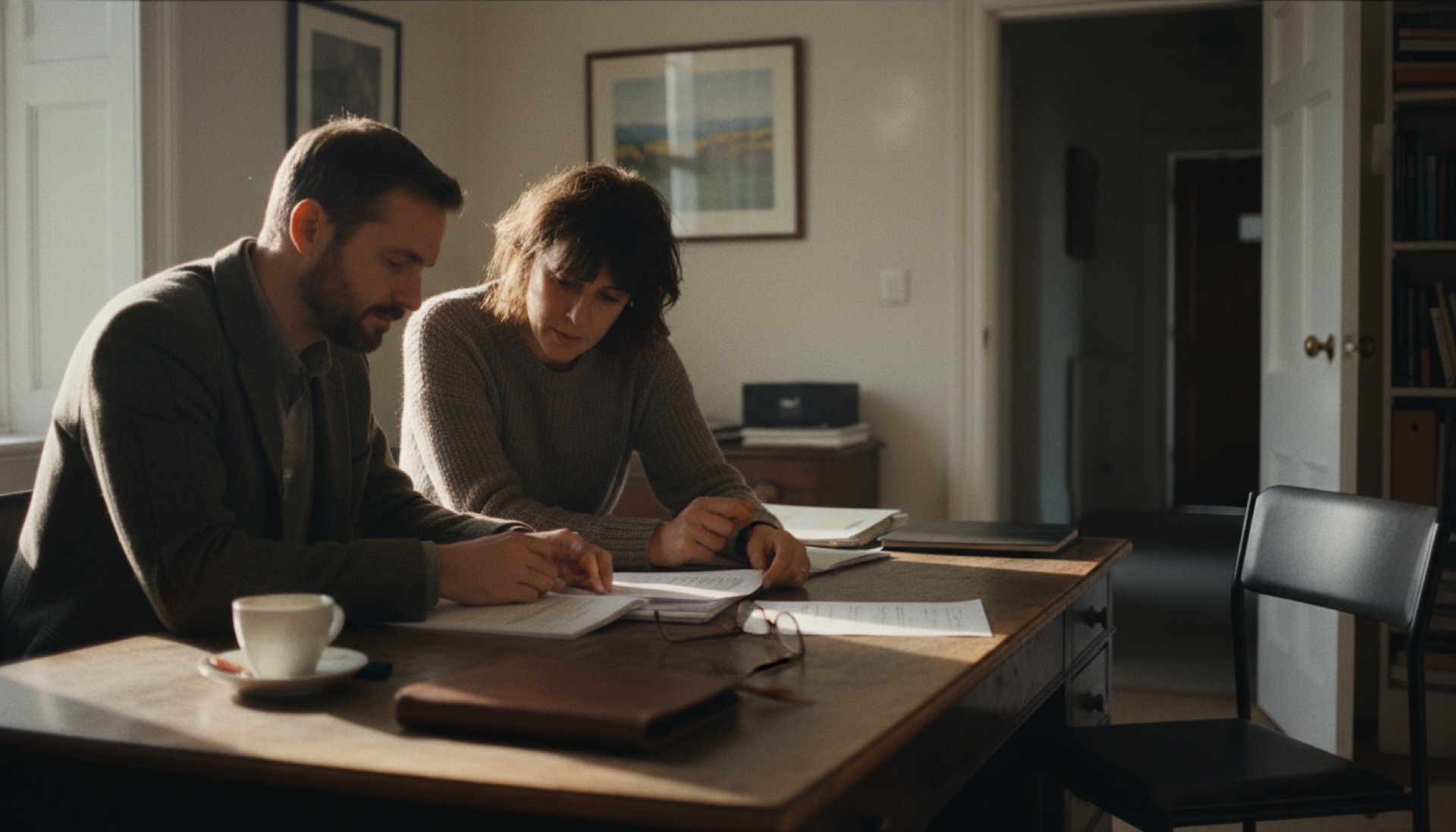 Two people sitting at a desk in an office reviewing printed documents together