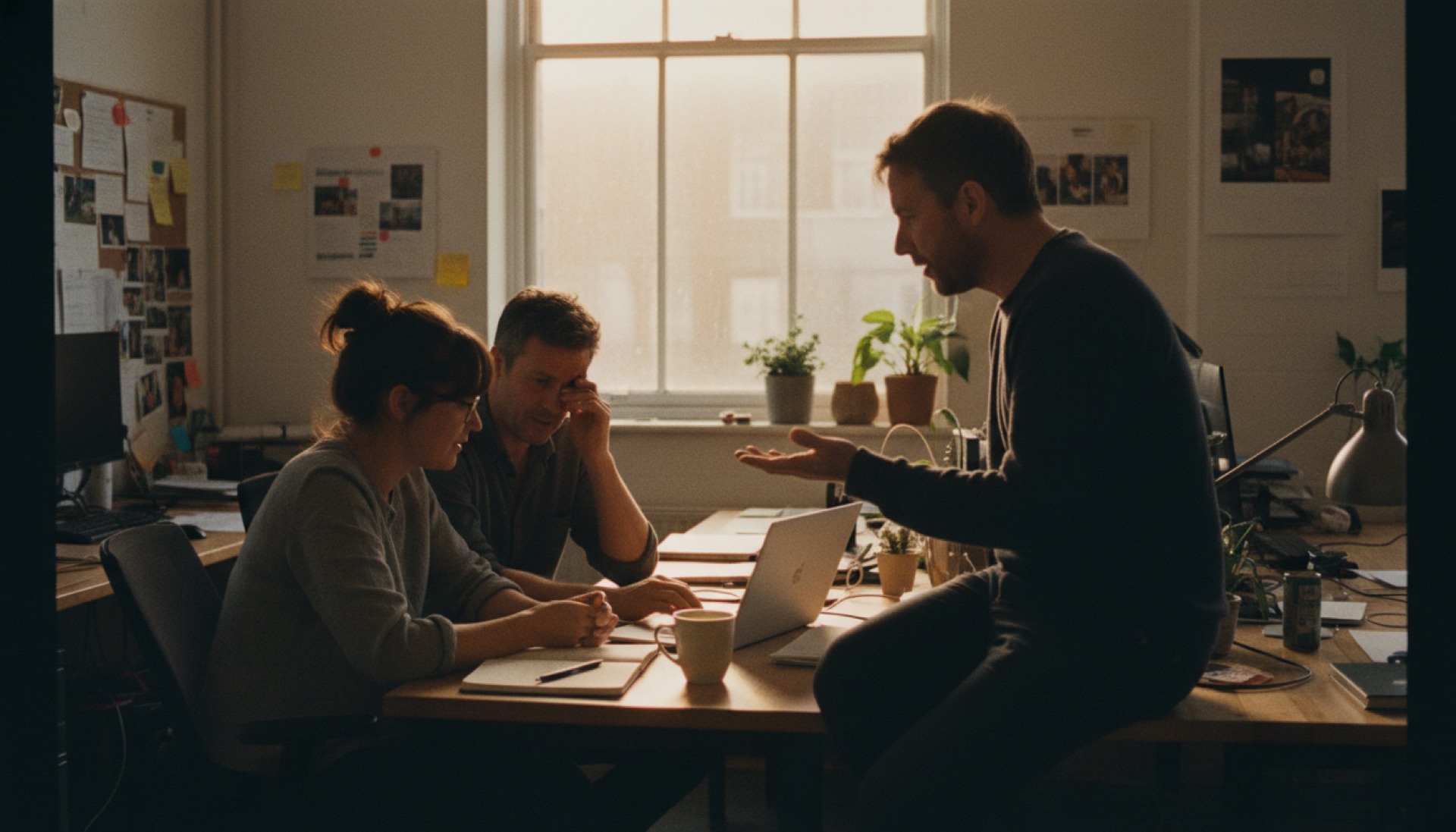 Three colleagues talking around a laptop at a shared desk in an office, one rubbing their eyes, late afternoon light