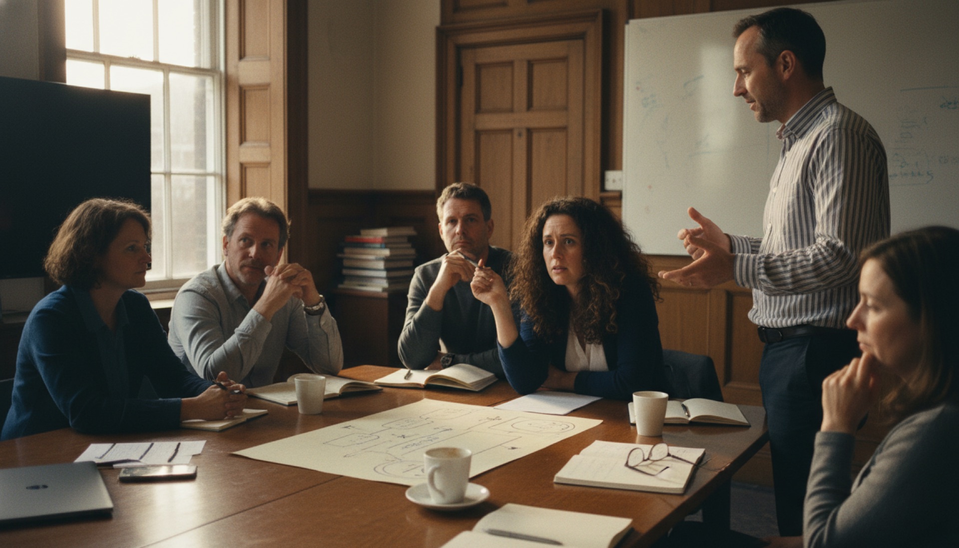 A person at the back of a meeting room leaning forward to ask a question after a software demonstration