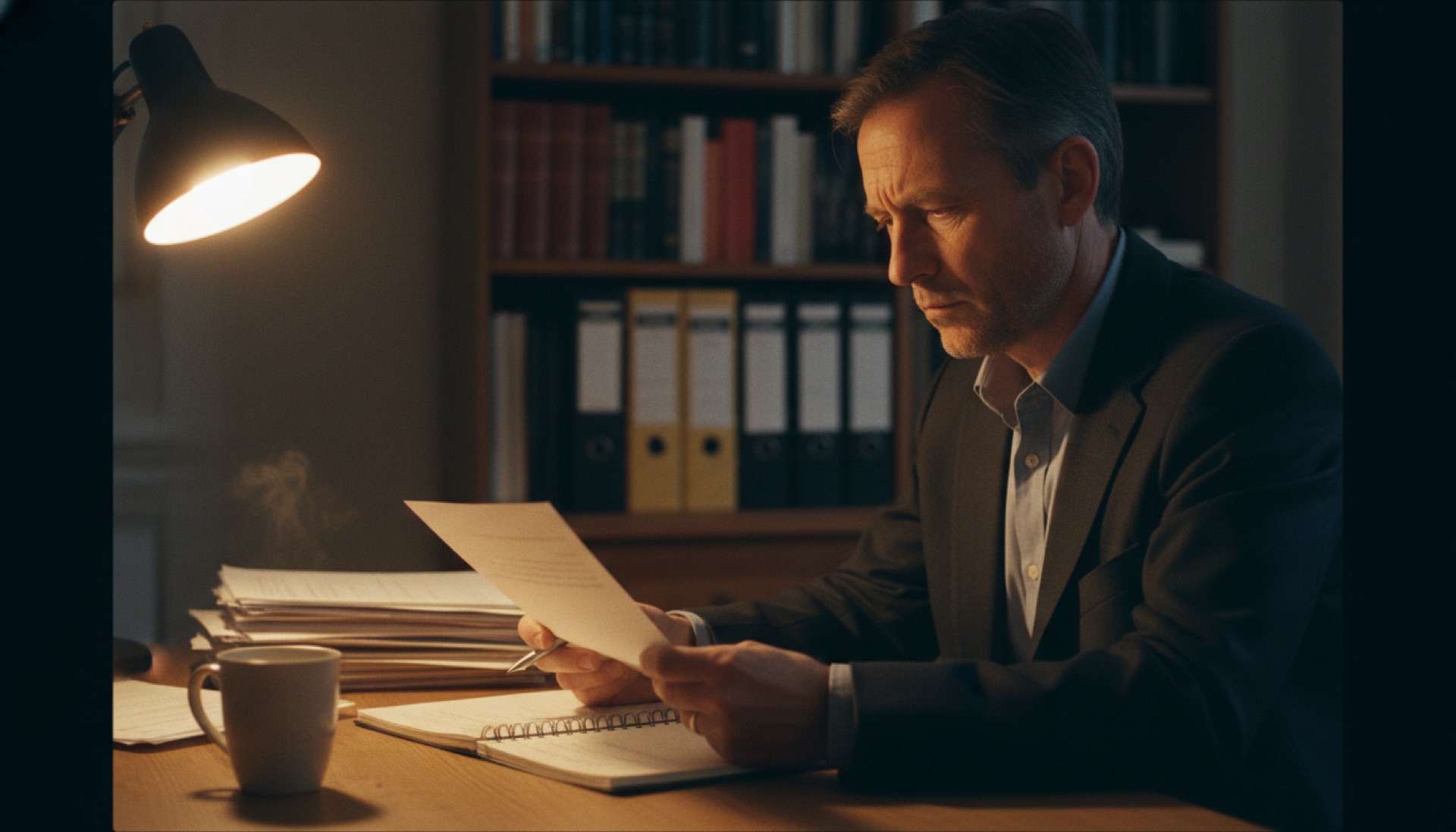 A person sitting at a desk under a lamp in the evening, reading a printed document with a thoughtful expression