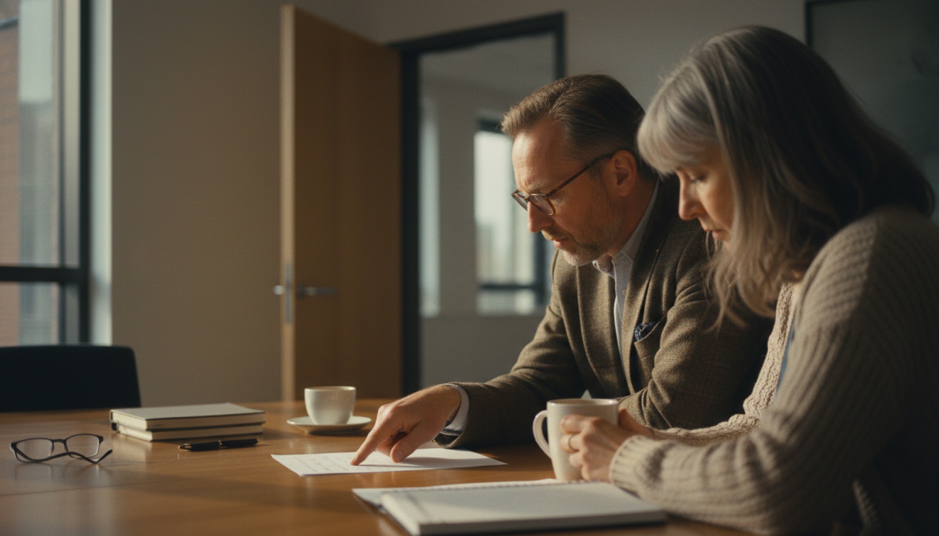 Two colleagues reviewing a single-page document across a meeting room table