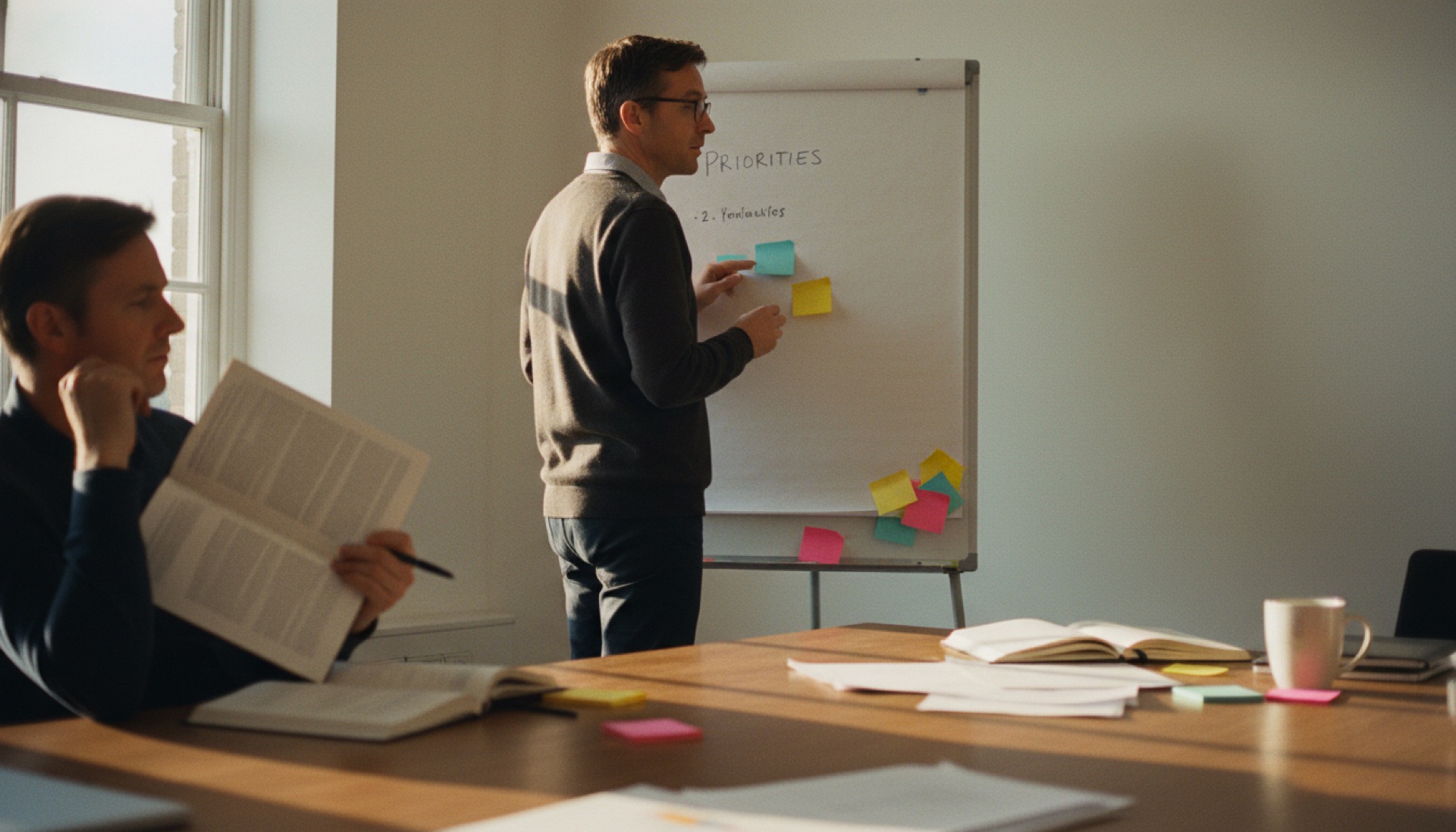 A person reviewing a whiteboard with a short prioritised list, most items cleared away