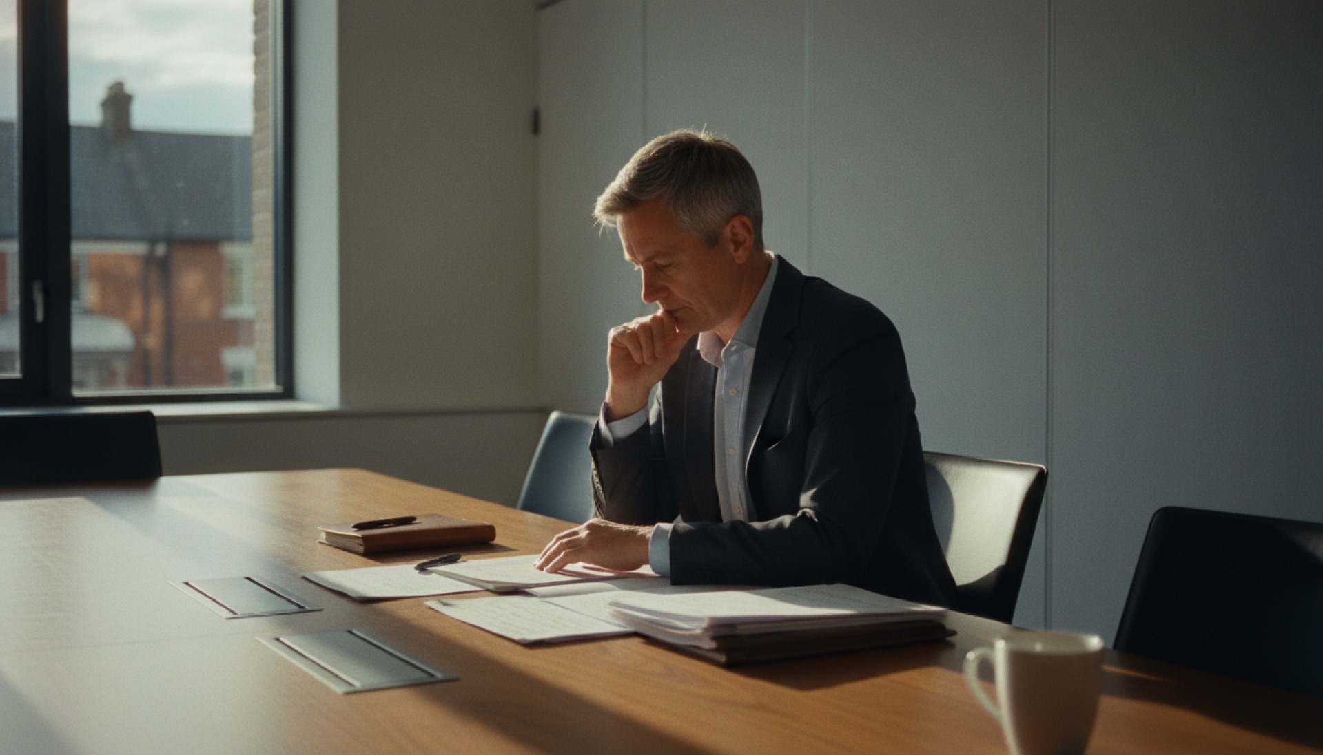 A professional sitting at a conference table reviewing notes before a presentation