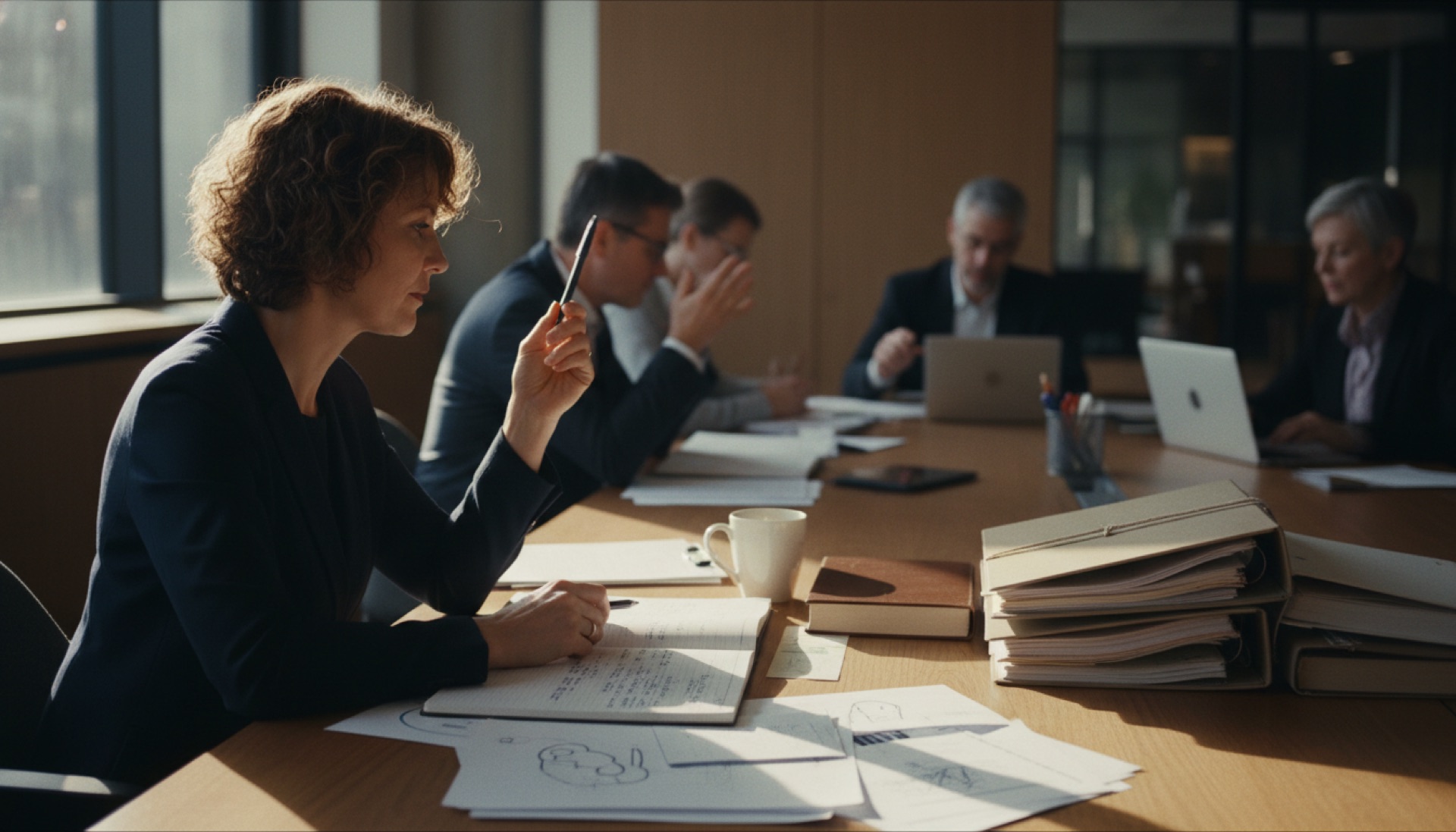 Person at a laptop in an open office, colleagues working in the background