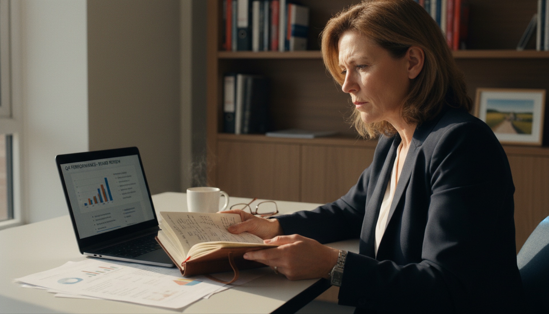 A professional reviewing presentation slides at an office desk the evening before an important meeting