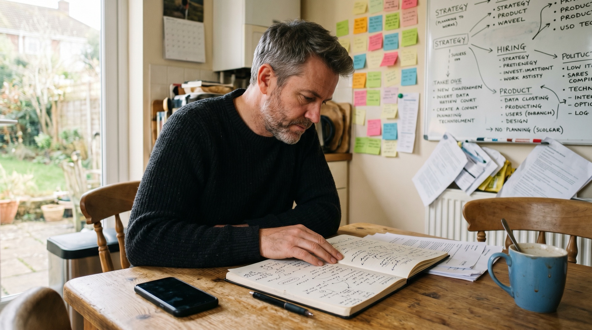 A founder at a kitchen table with an open notebook, phone face-down beside it, hand resting on the page in late morning light