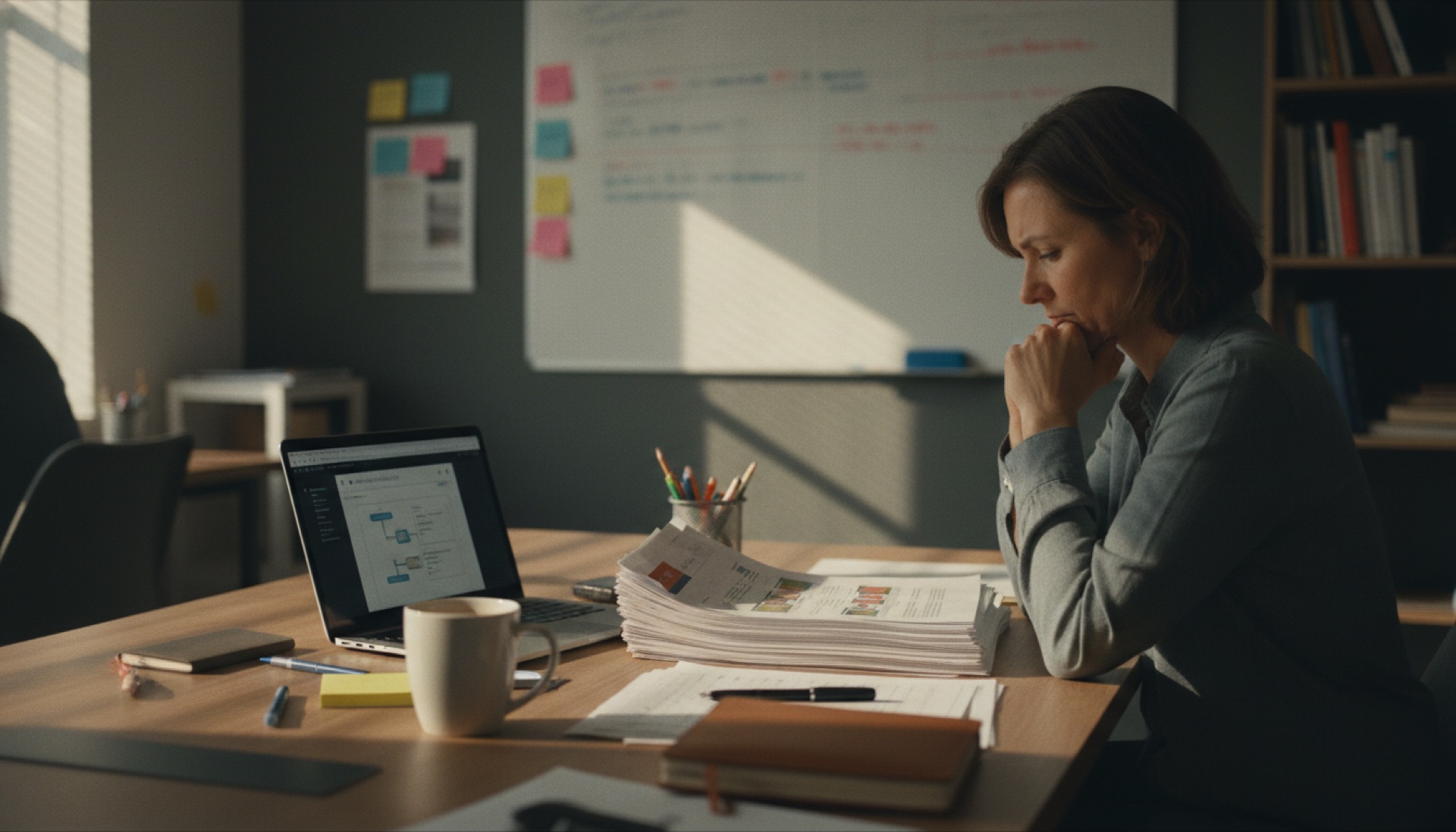 Person at a desk reviewing printed presentation slides with a laptop open alongside showing a product demo