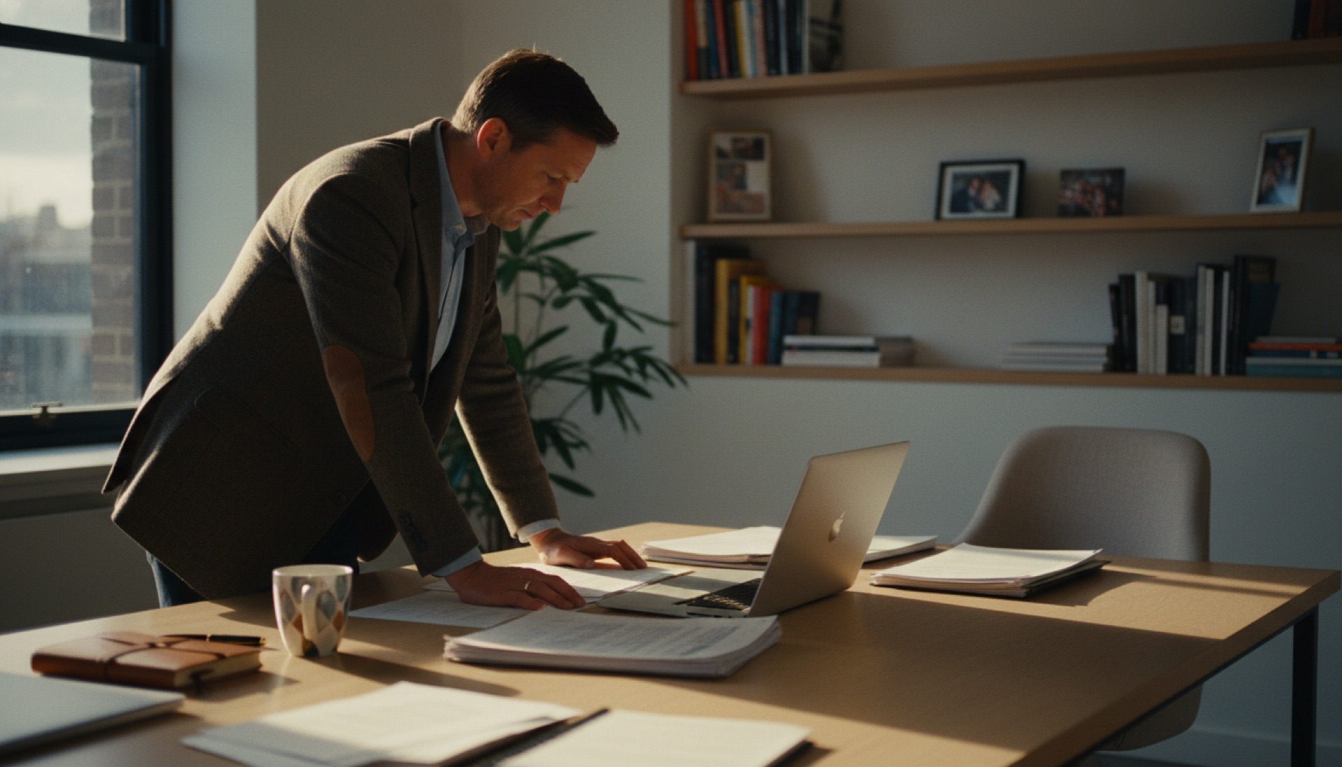 A person reviewing documents at an office desk with a laptop open, natural light from a window beside them