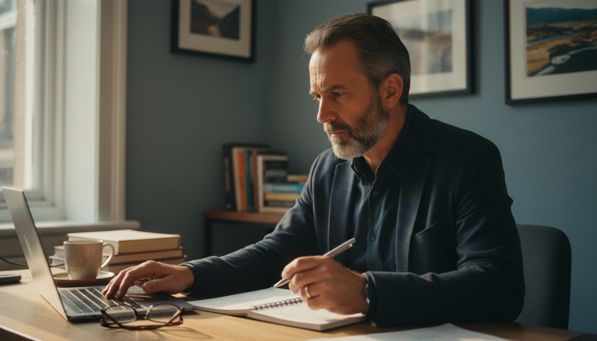 Person sitting at a desk with a laptop and papers, pausing in thought