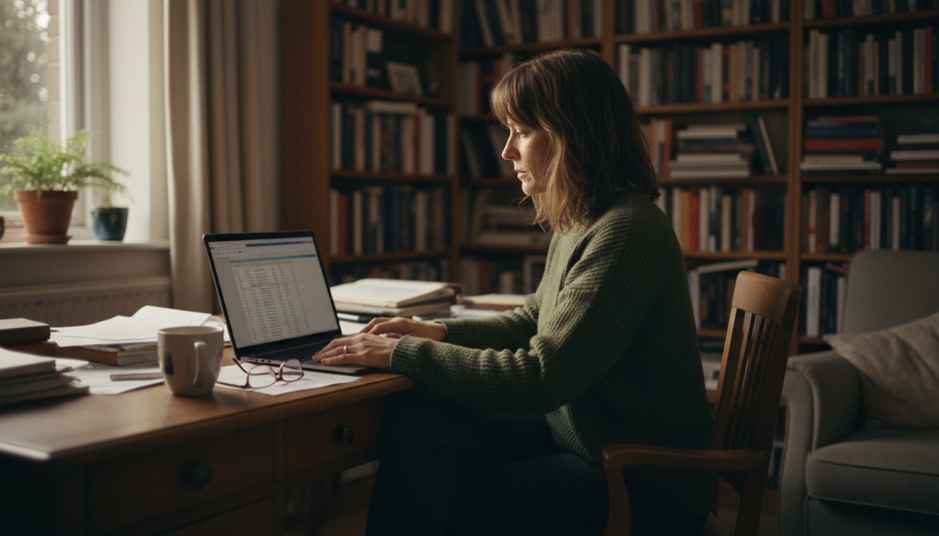 A founder sitting alone at a desk reviewing a laptop in a home study with natural light