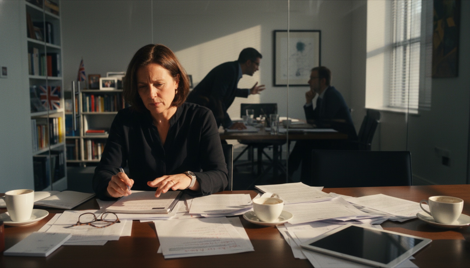 A person at a desk reviewing handwritten notes before a meeting