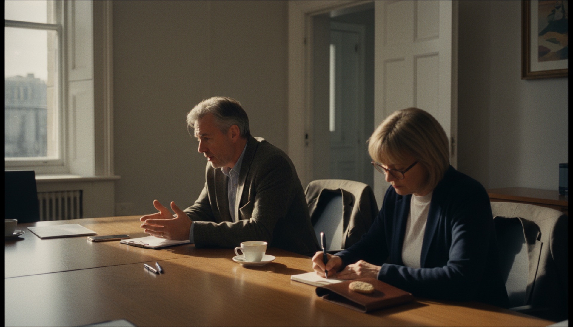 Two people in discussion across an office table, one speaking and gesturing while the other takes notes